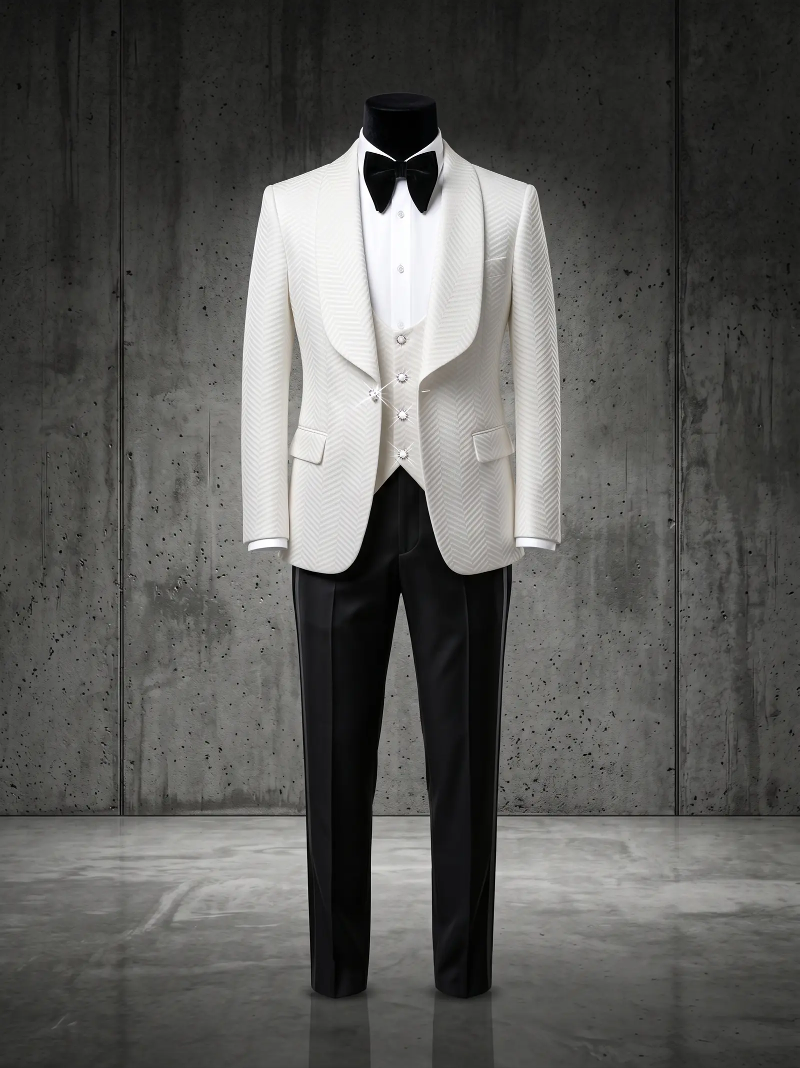 White chevron Stresa three piece tuxedo