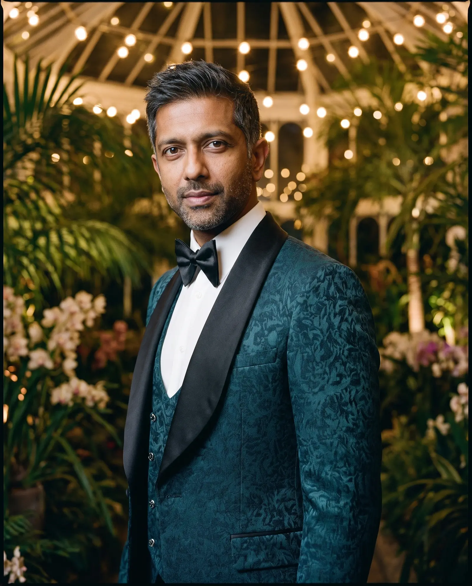 Deep teal jacquard Belvedere three piece tuxedo occasion photograph