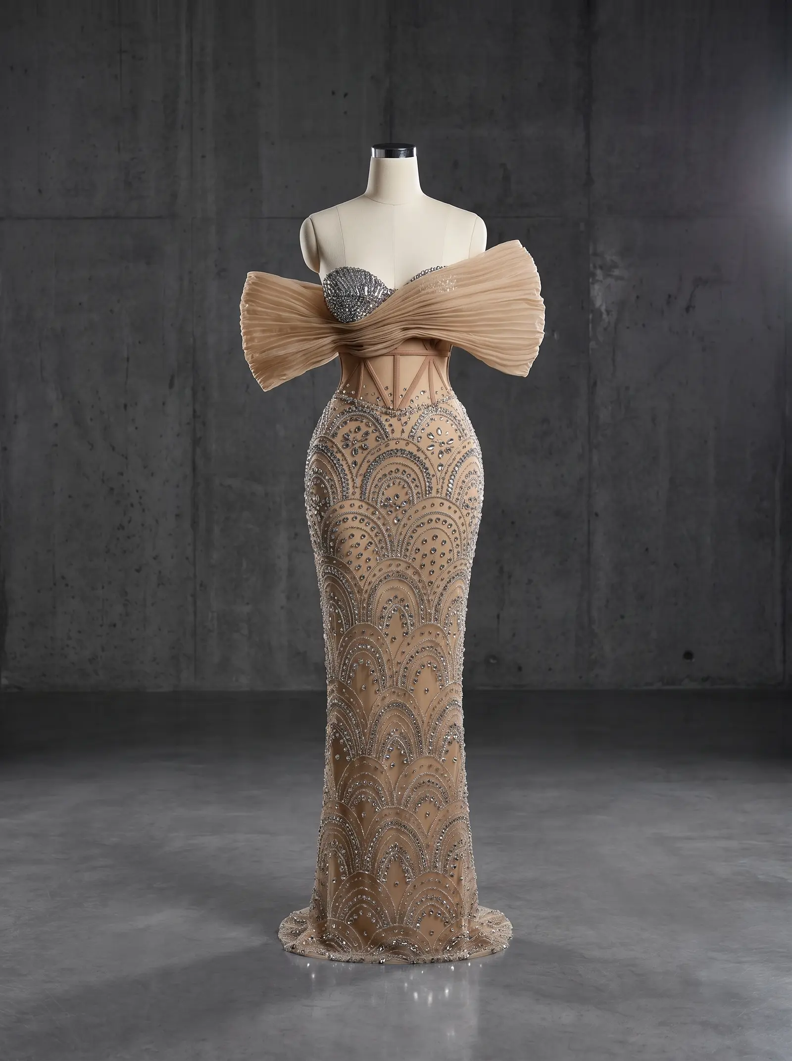 Champagne Dune column gown, mannequin