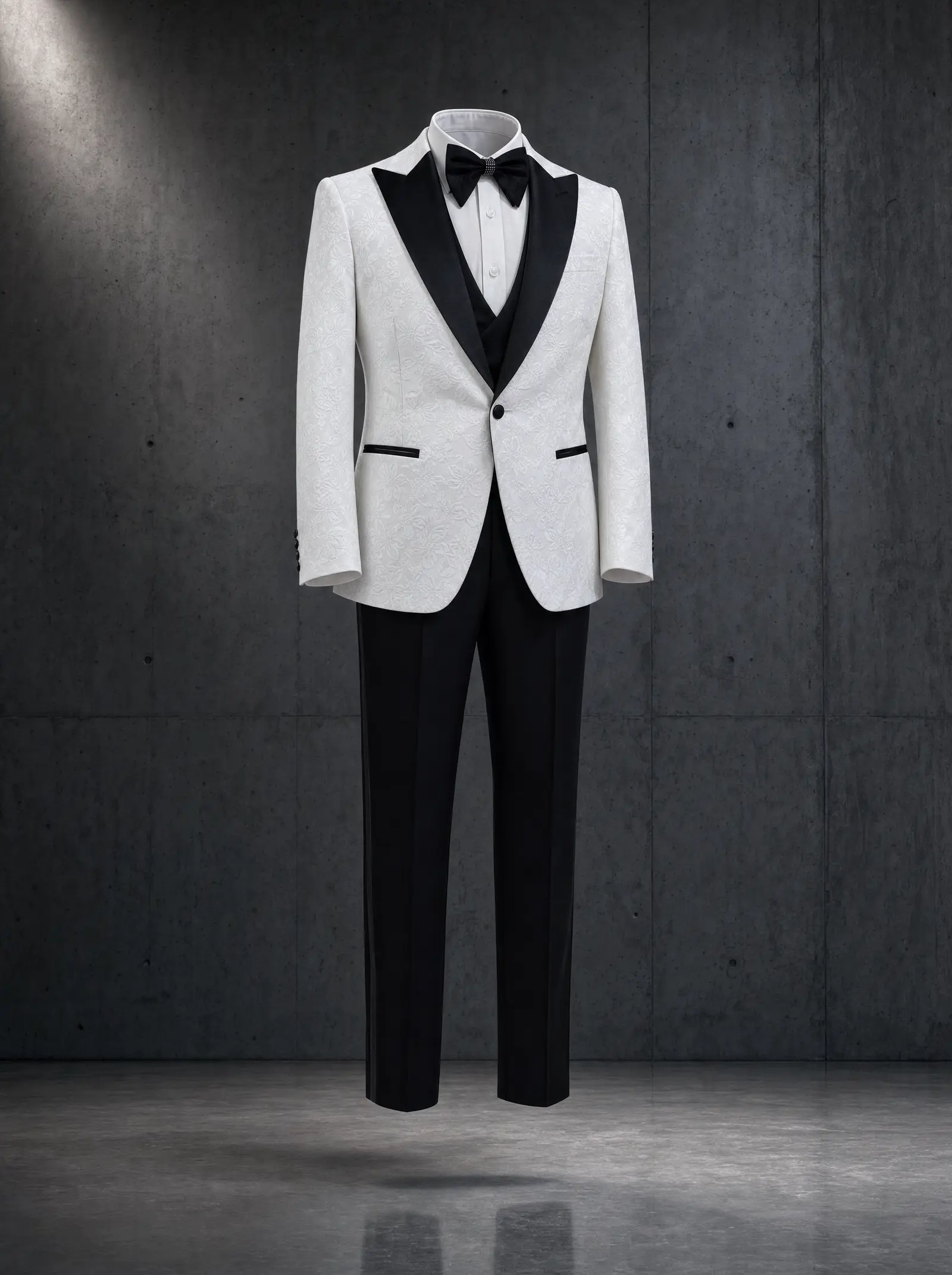 White jacquard Portofino three piece tuxedo