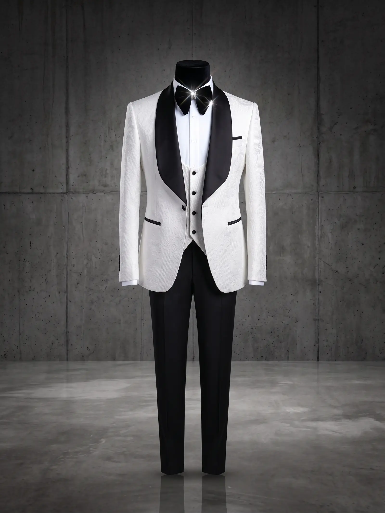 White jacquard Positano three piece tuxedo