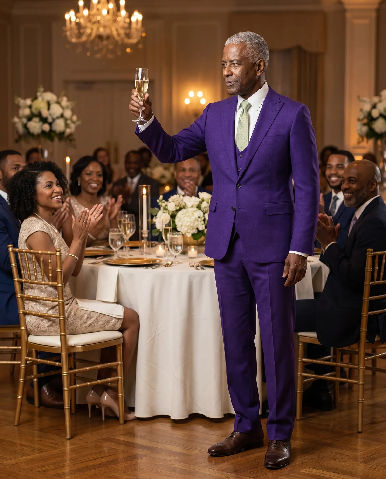 Royal purple Ephesus three piece suit occasion photograph
