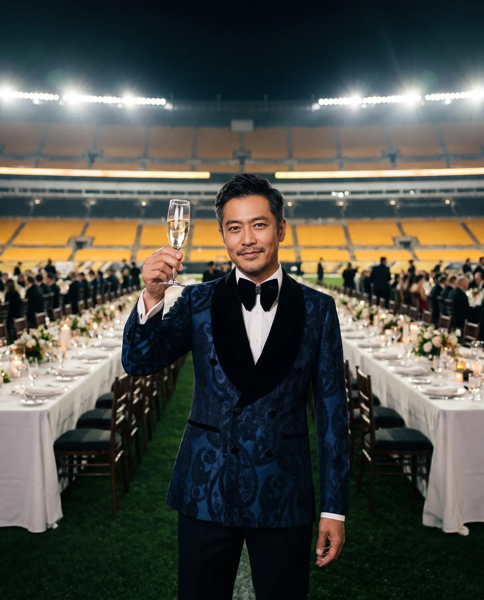Navy paisley jacquard Medici three piece tuxedo
