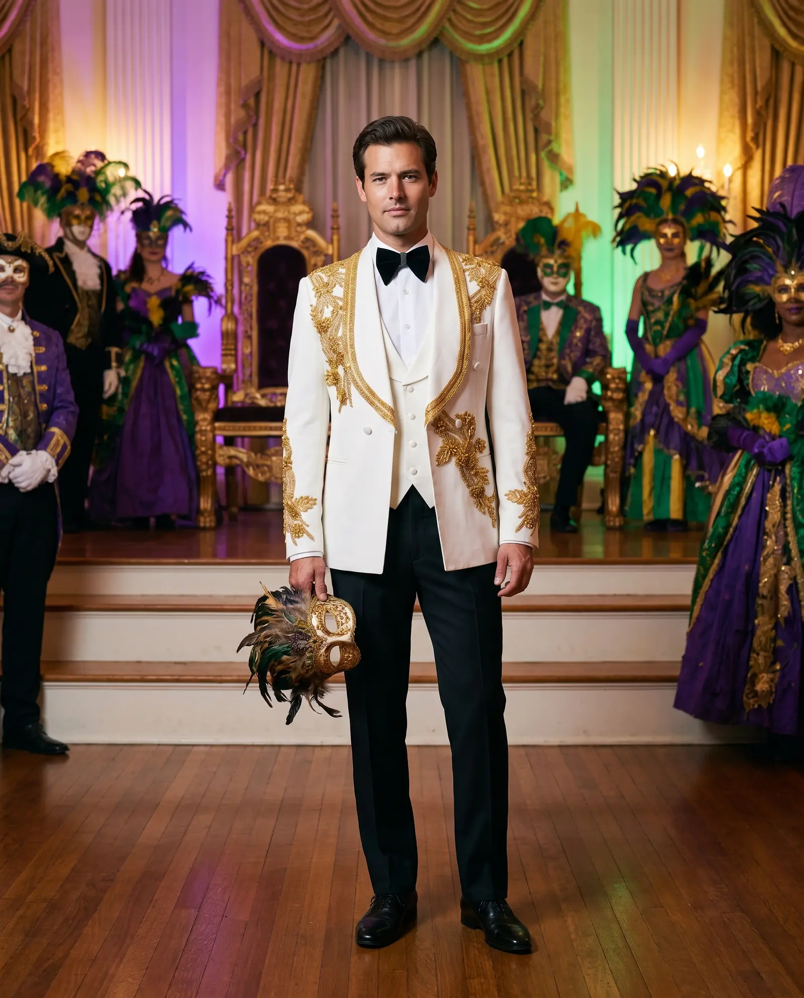 White and gold Herald double breasted tuxedo