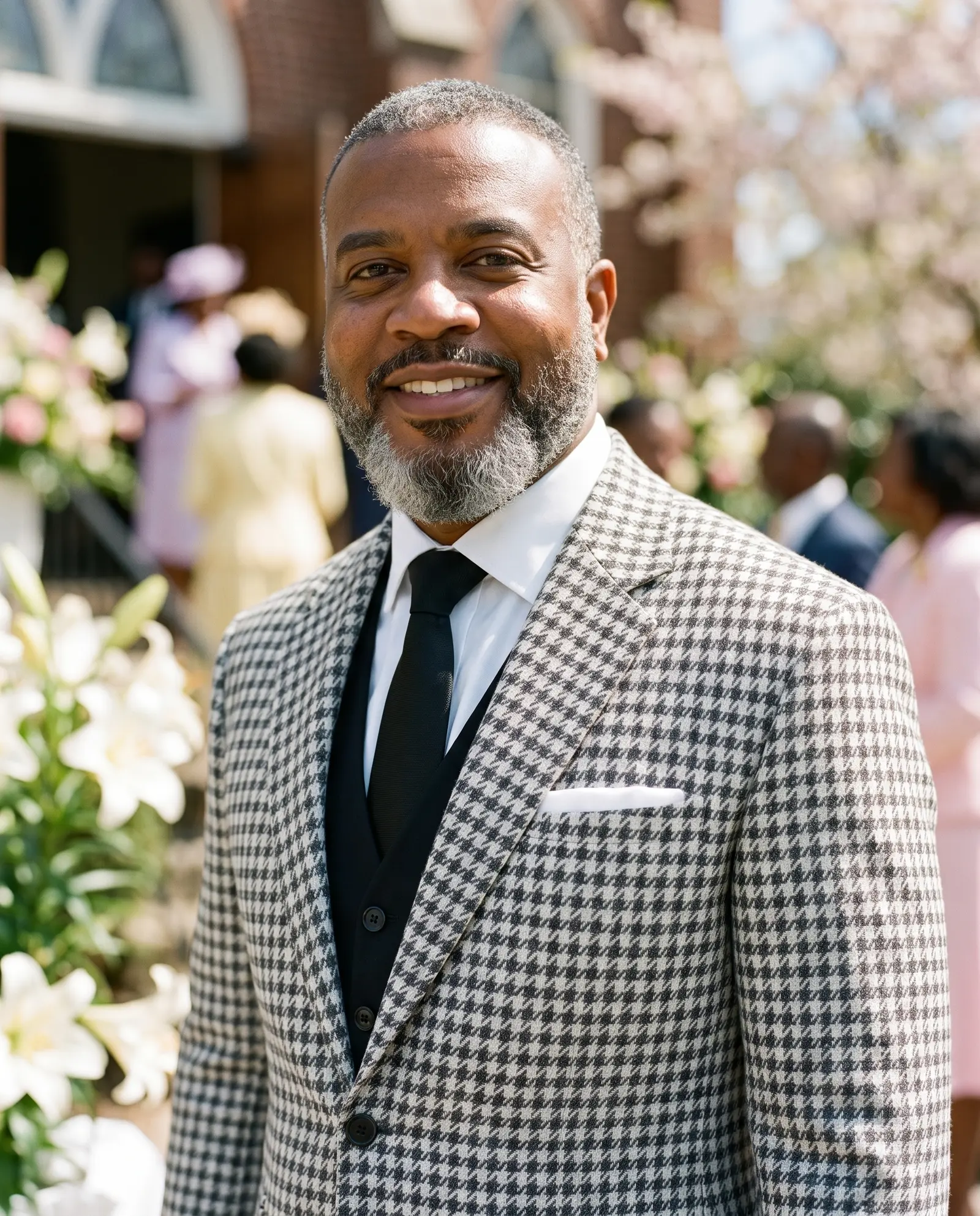 White and black houndstooth Levi three piece suit occasion photograph