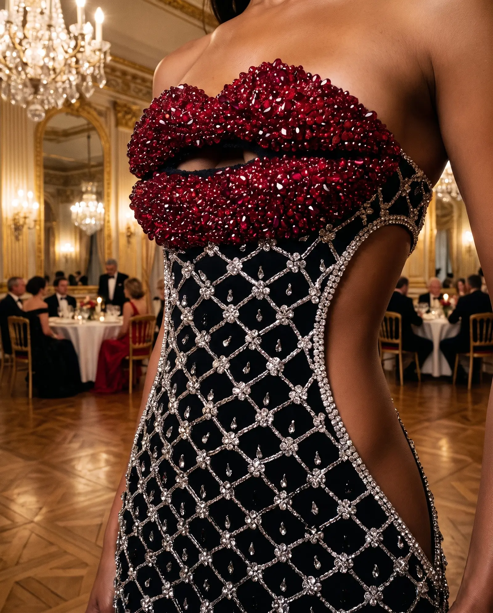 Black and ruby Kiss column gown occasion photograph