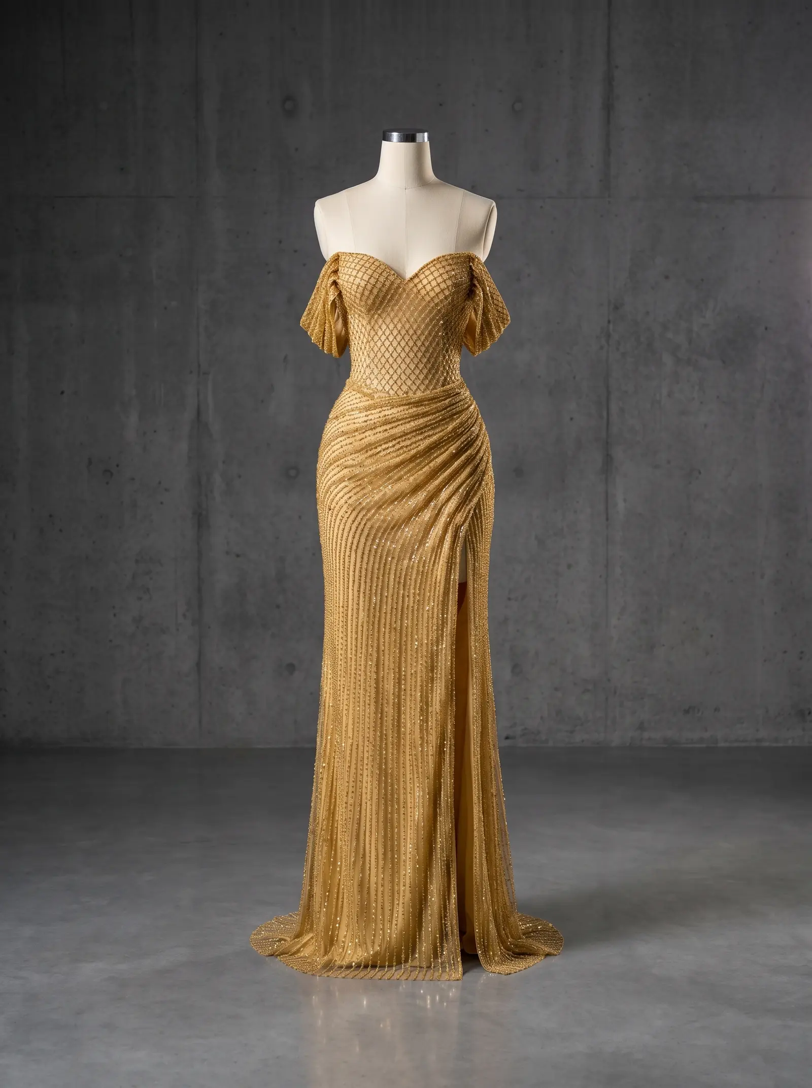 Gold Solstice gown, mannequin
