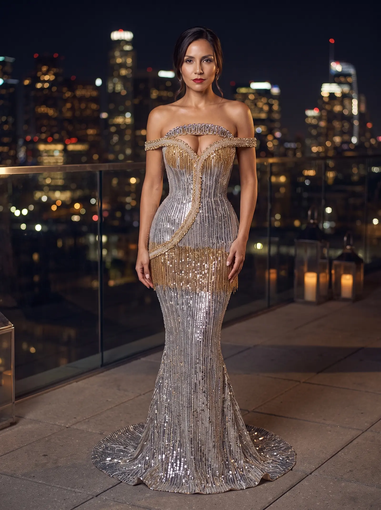 Silver and gold Meridian mermaid gown occasion photograph