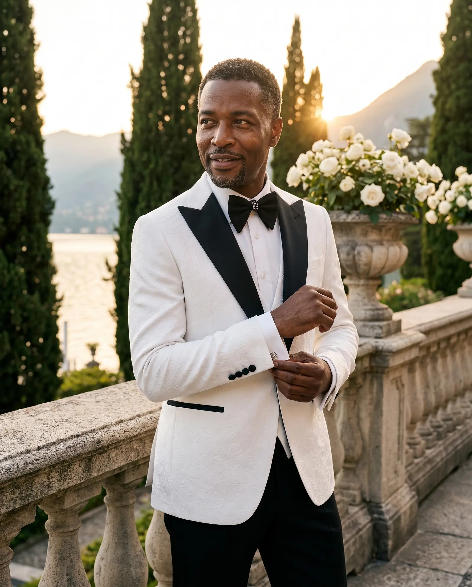White jacquard Portofino three piece tuxedo occasion photograph