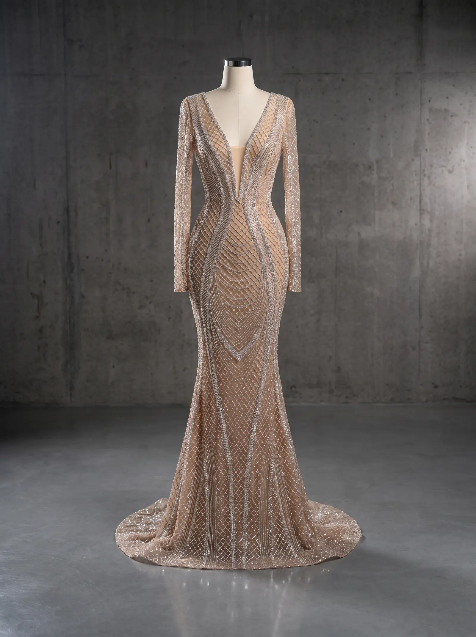 Champagne Aura mermaid gown, mannequin