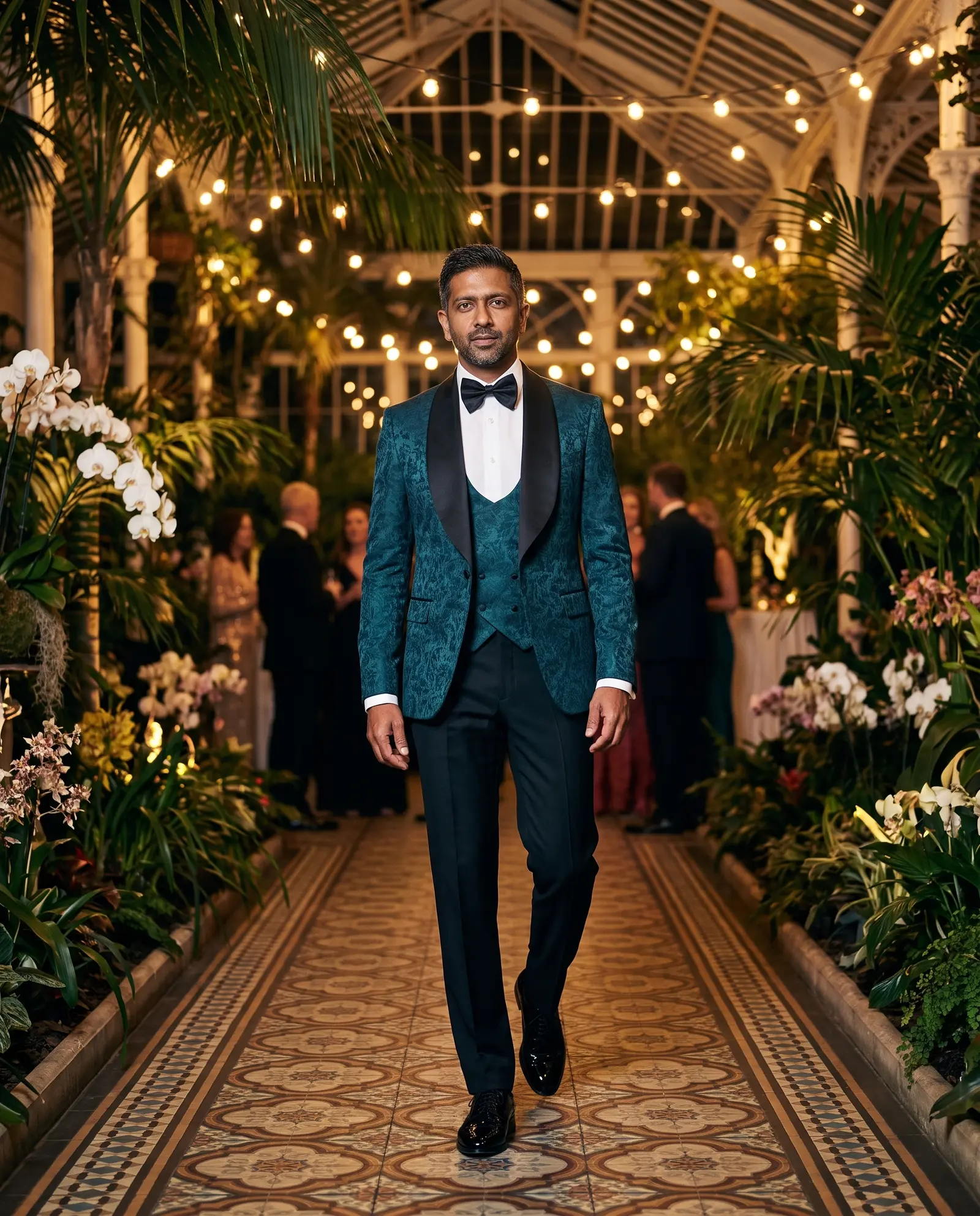 Deep teal jacquard Belvedere three piece tuxedo occasion photograph