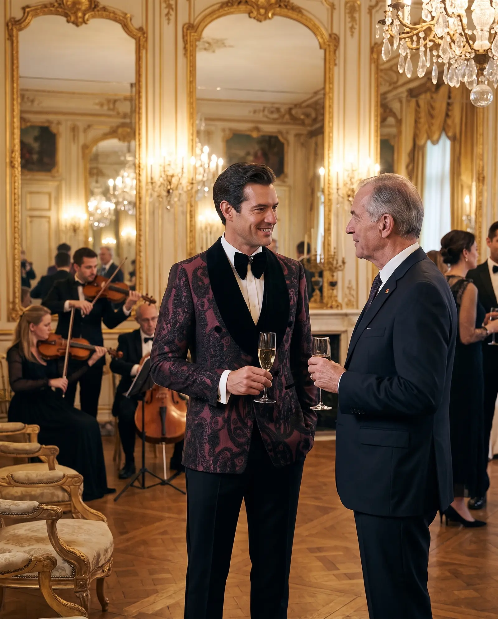 Wine paisley jacquard Medici three piece tuxedo