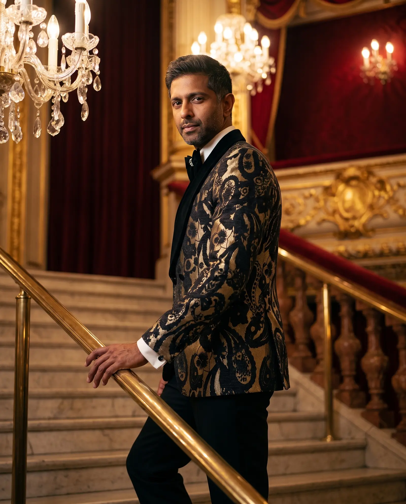 Black and gold paisley jacquard Medici three piece tuxedo occasion photograph