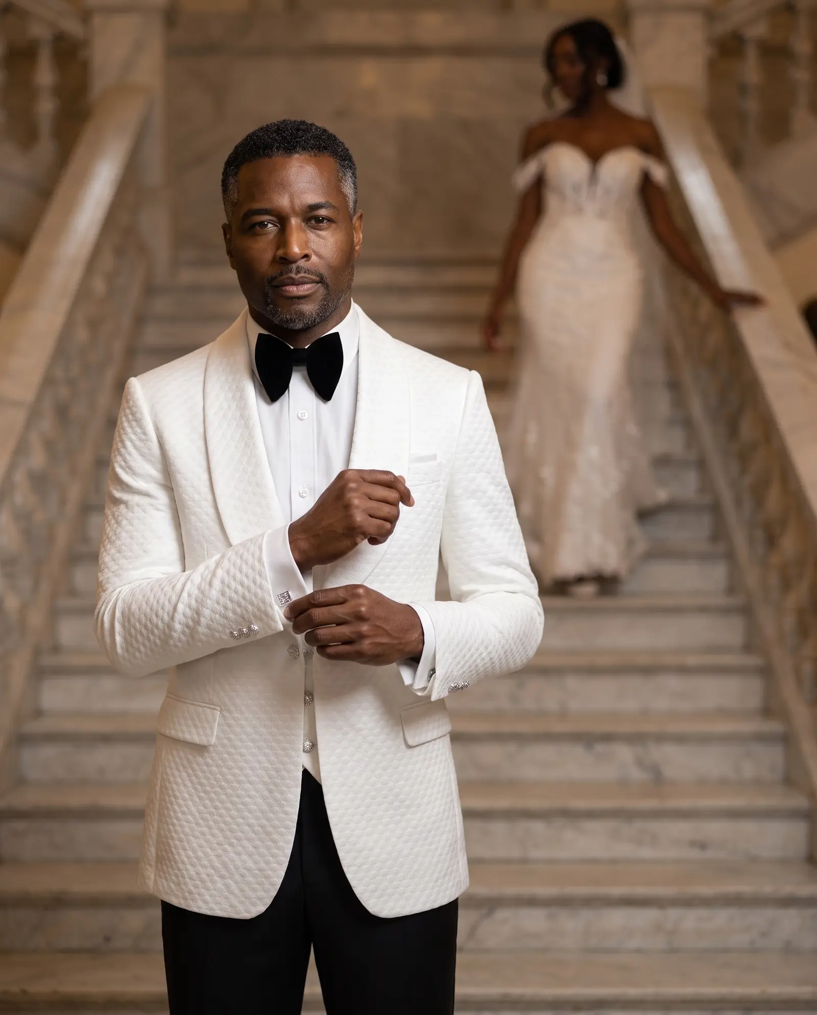 White quilted Capri three piece tuxedo