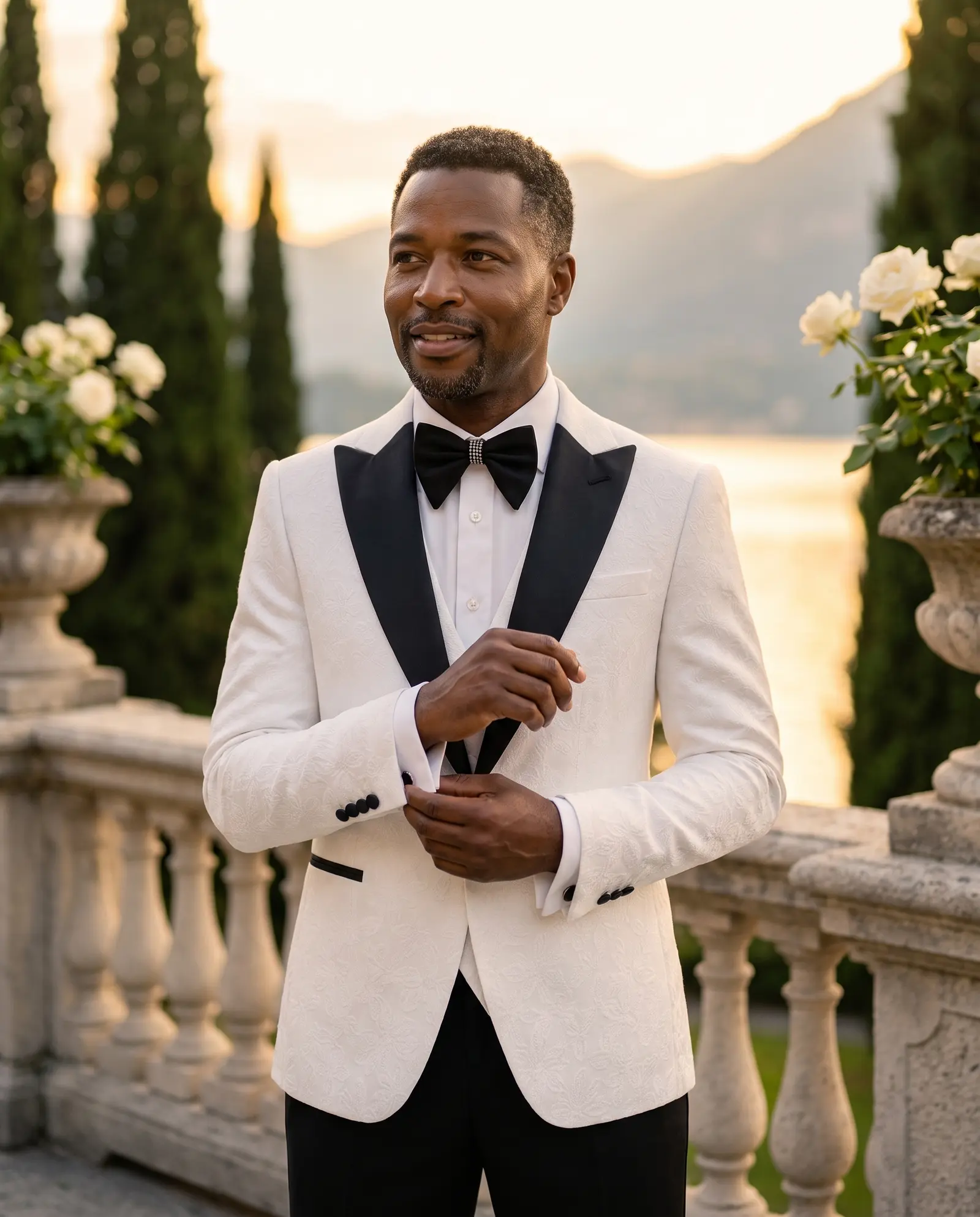 White jacquard Portofino three piece tuxedo occasion photograph