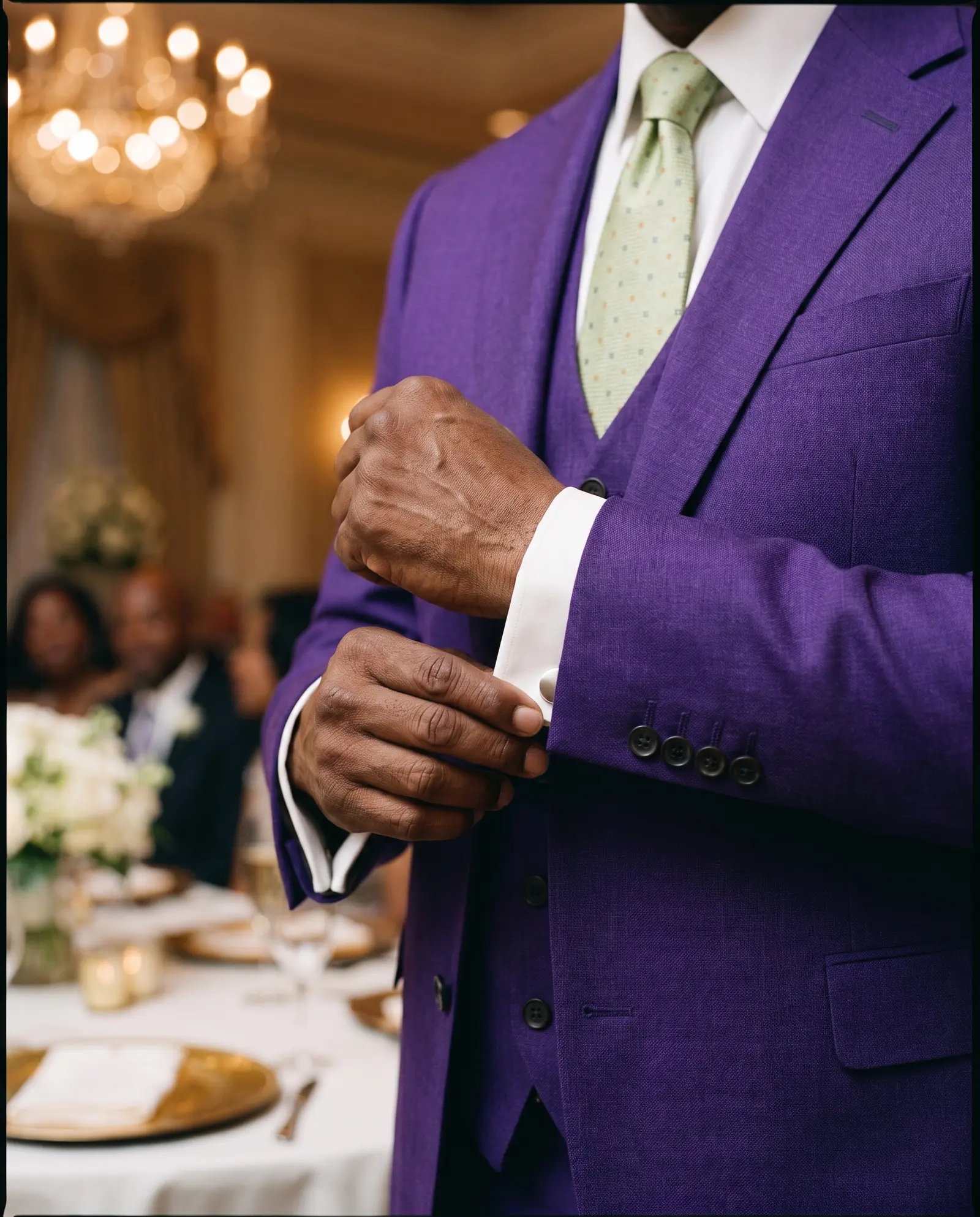 Royal purple Ephesus three piece suit occasion photograph