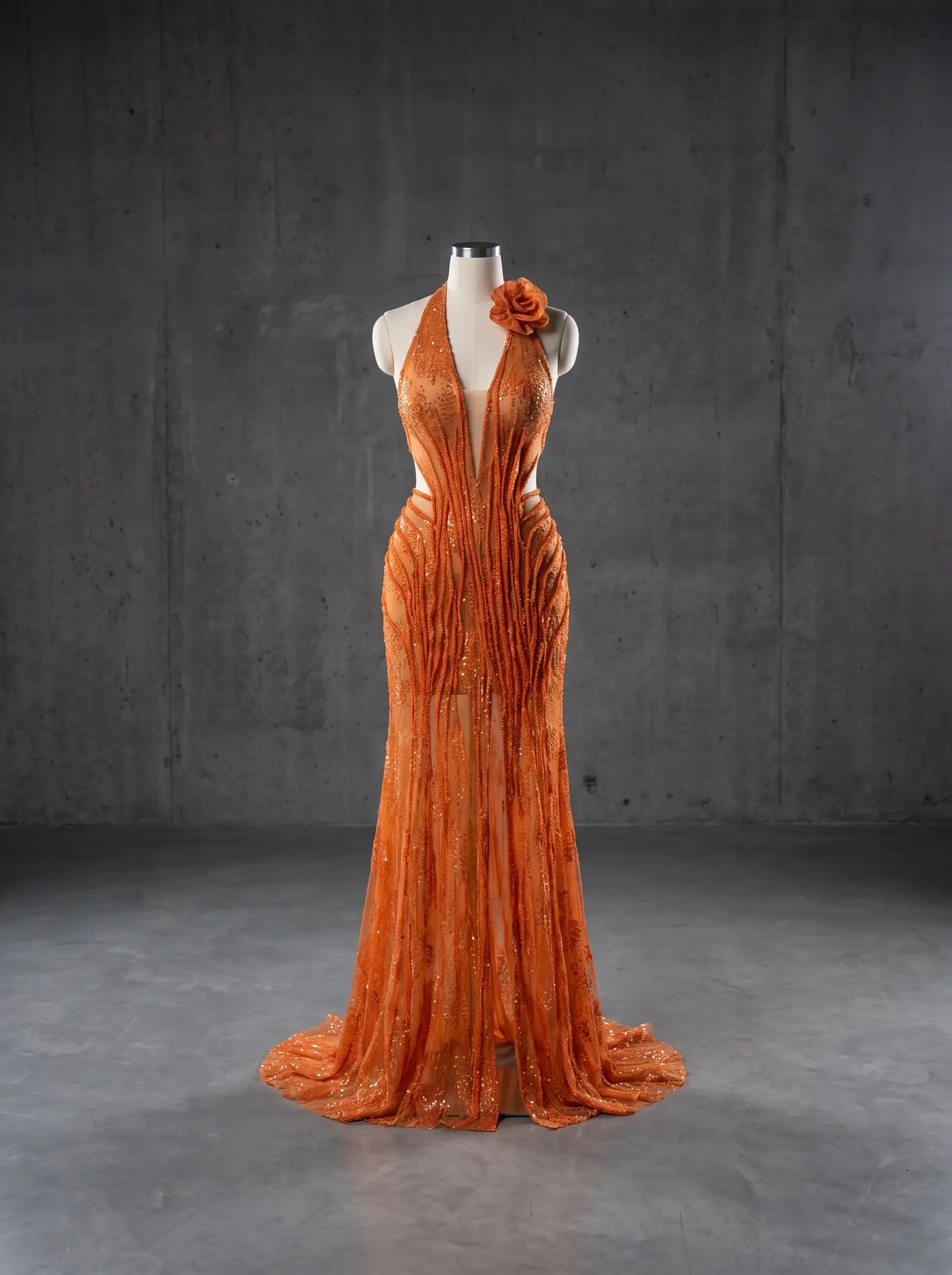 Tangerine Zinnia gown, mannequin