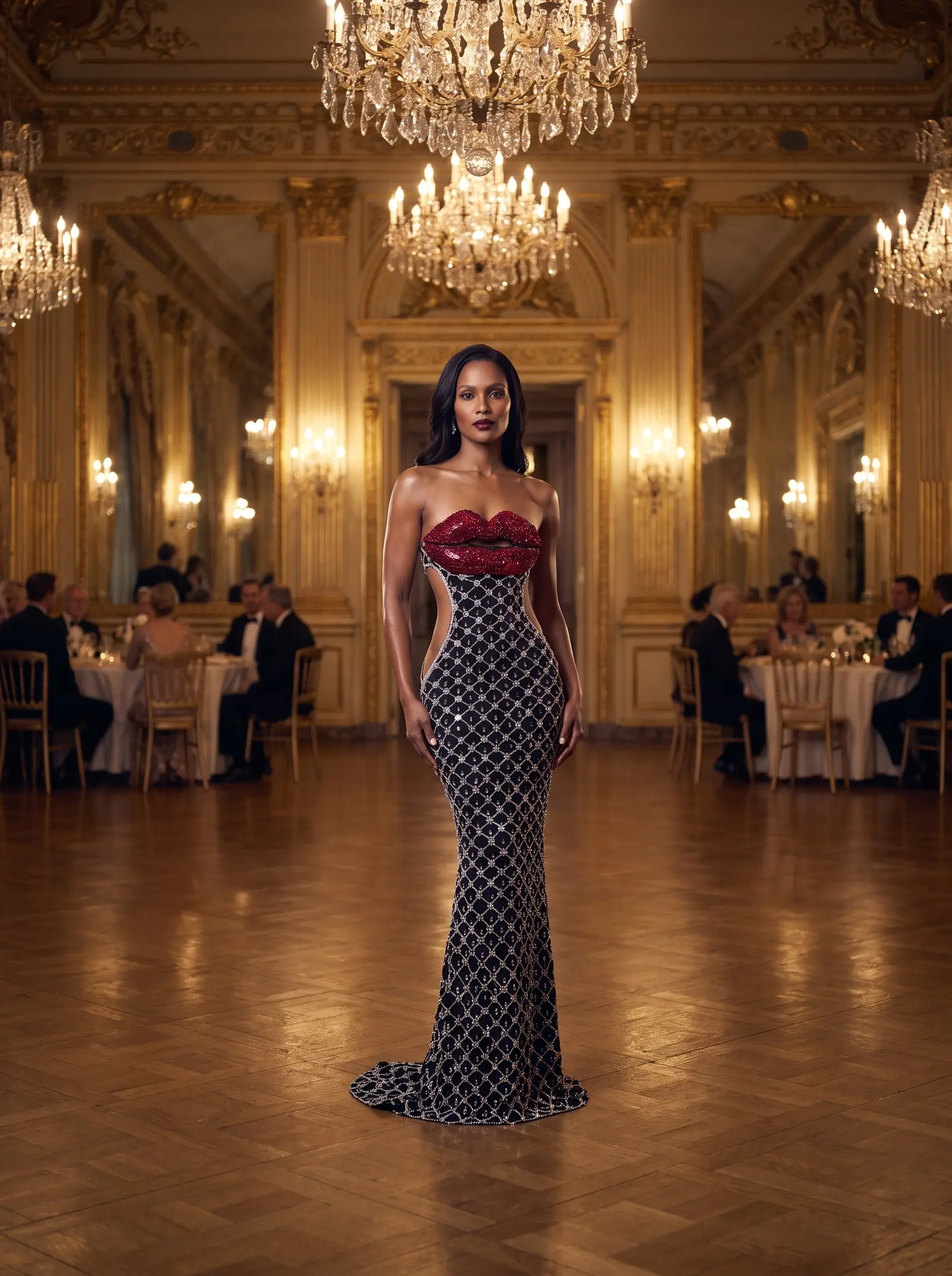 Black and ruby Kiss column gown occasion photograph