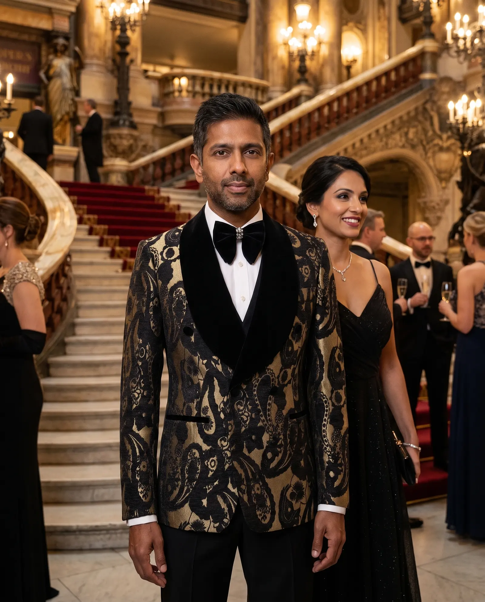 Black and gold paisley jacquard Medici three piece tuxedo
