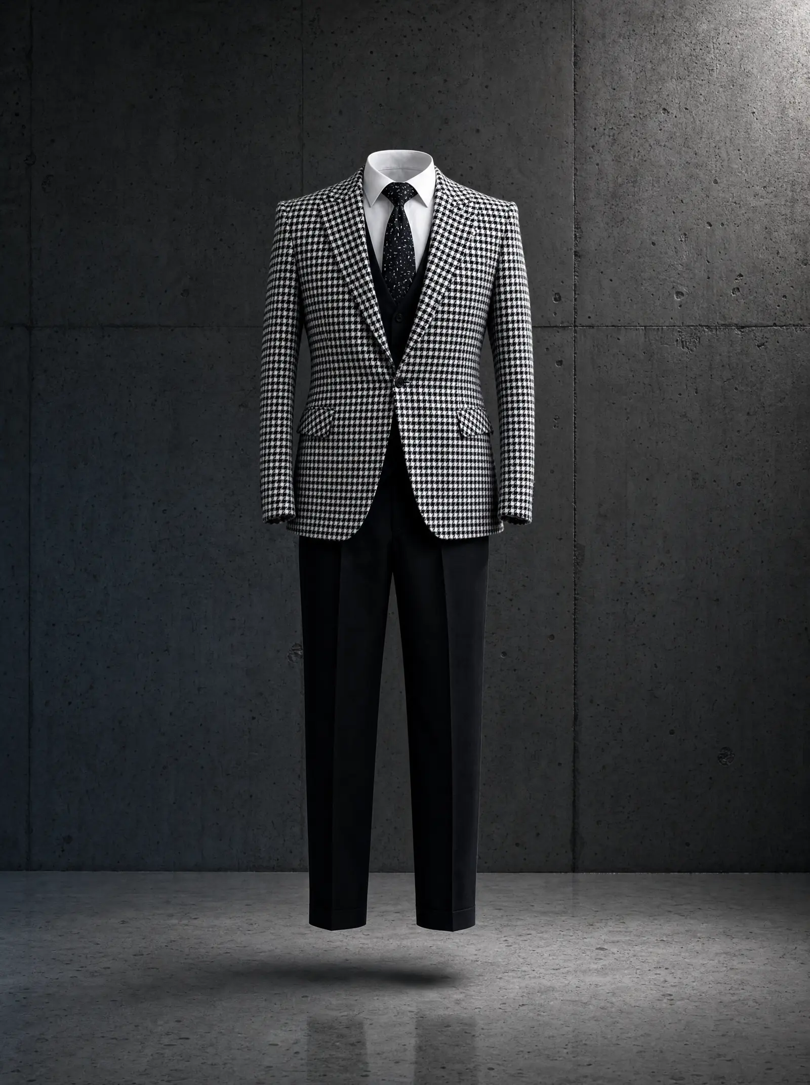 Black and white houndstooth Siloam three piece suit, ghost