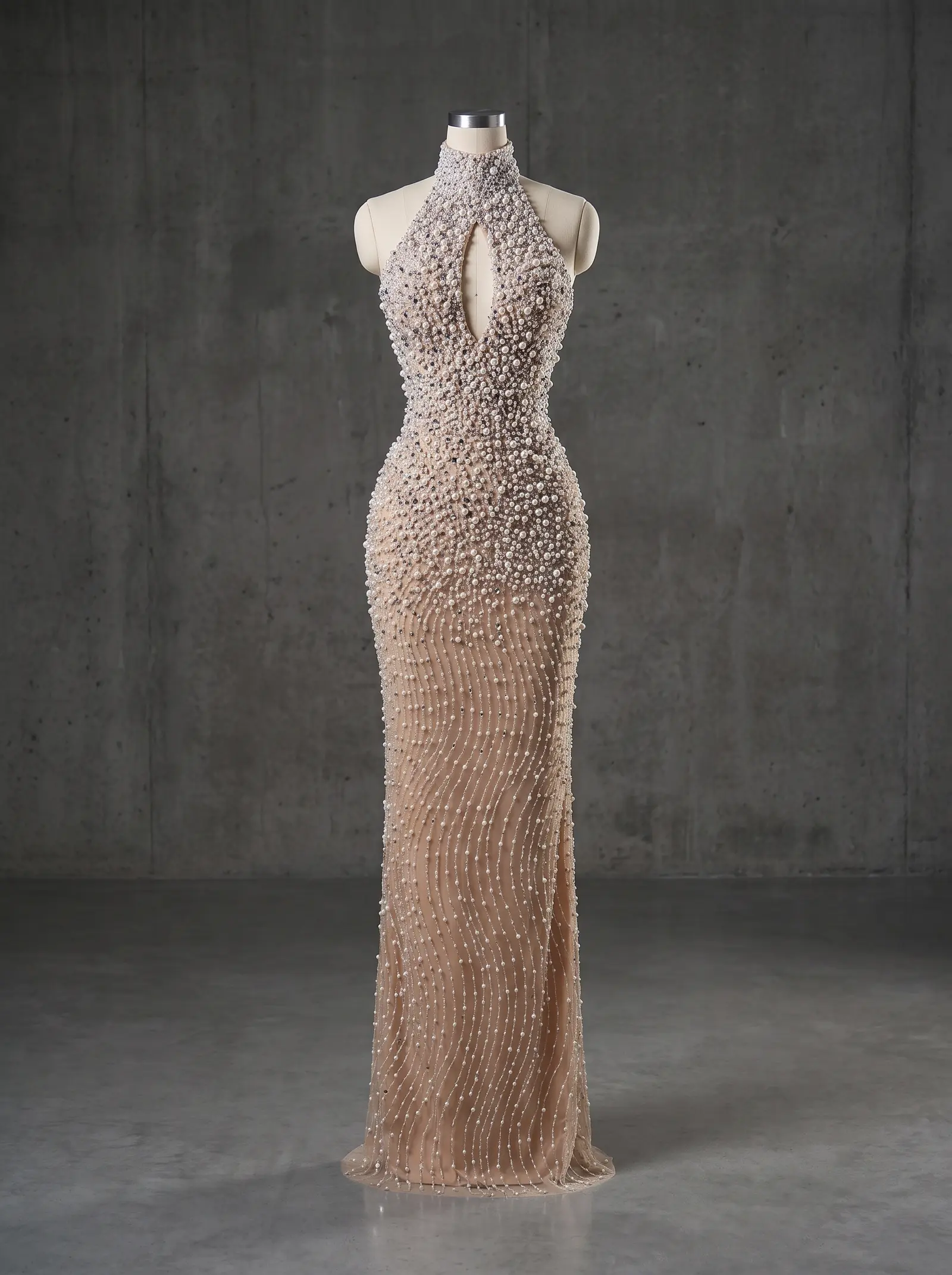 Champagne pearl Luster column gown, mannequin
