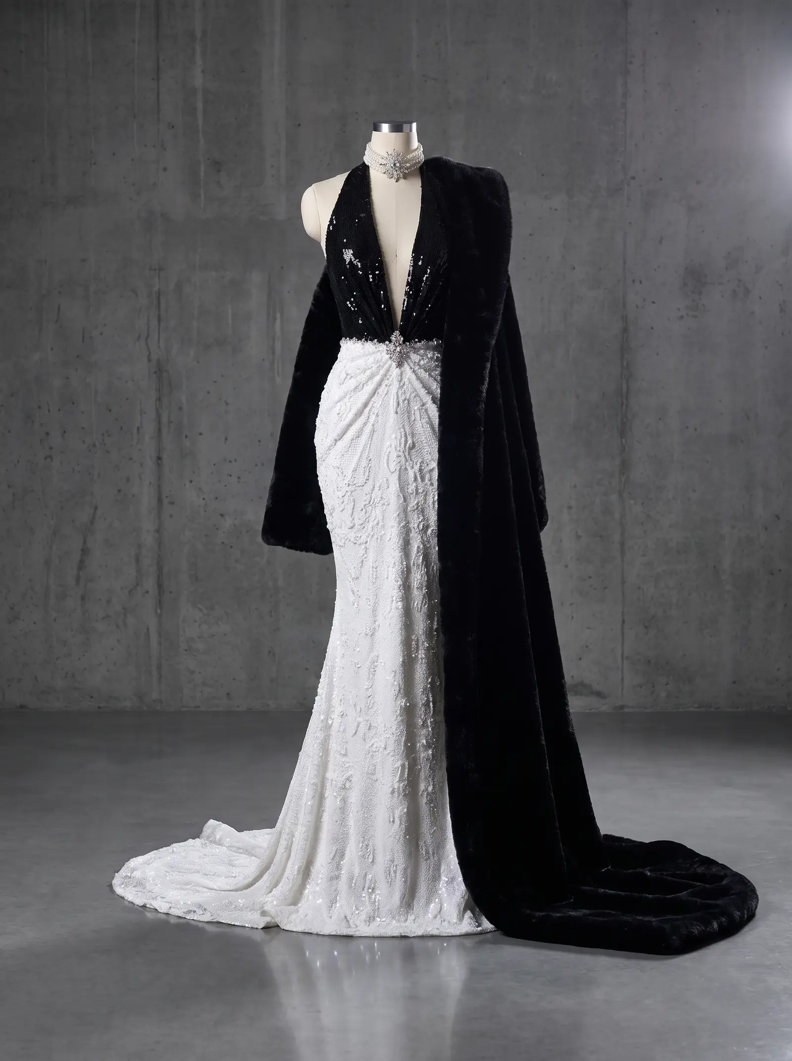 Black and ivory Duchess mermaid gown, mannequin
