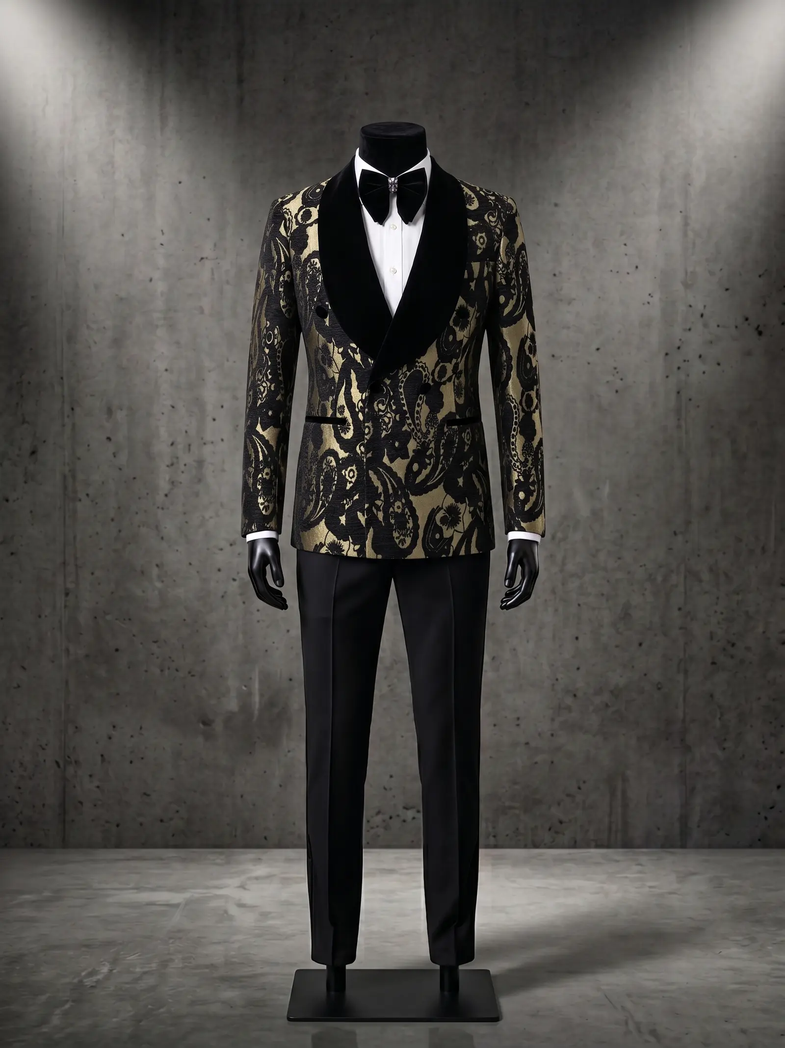 Black and gold paisley jacquard Medici three piece tuxedo