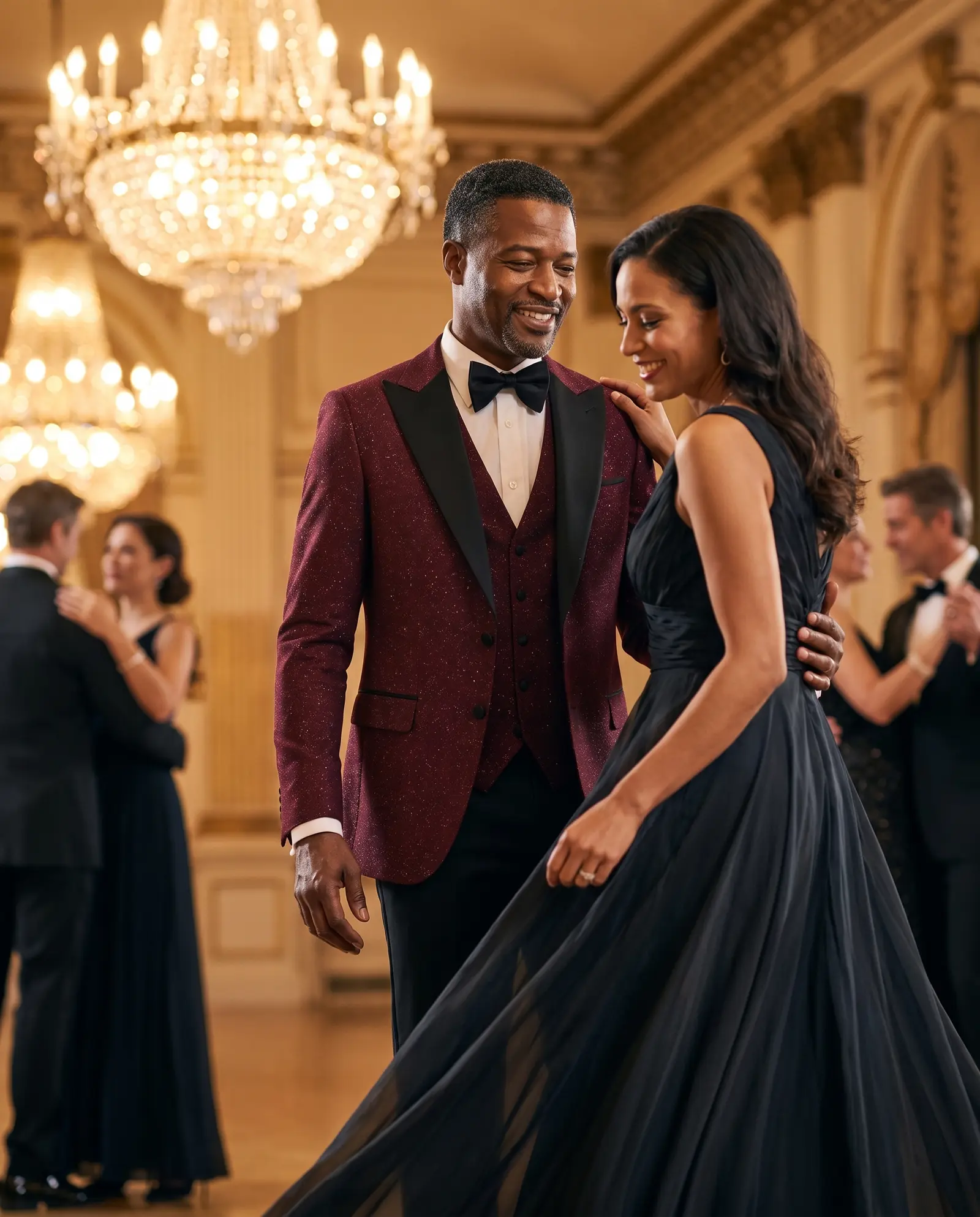 Wine jacquard Marlowe three piece tuxedo occasion photograph