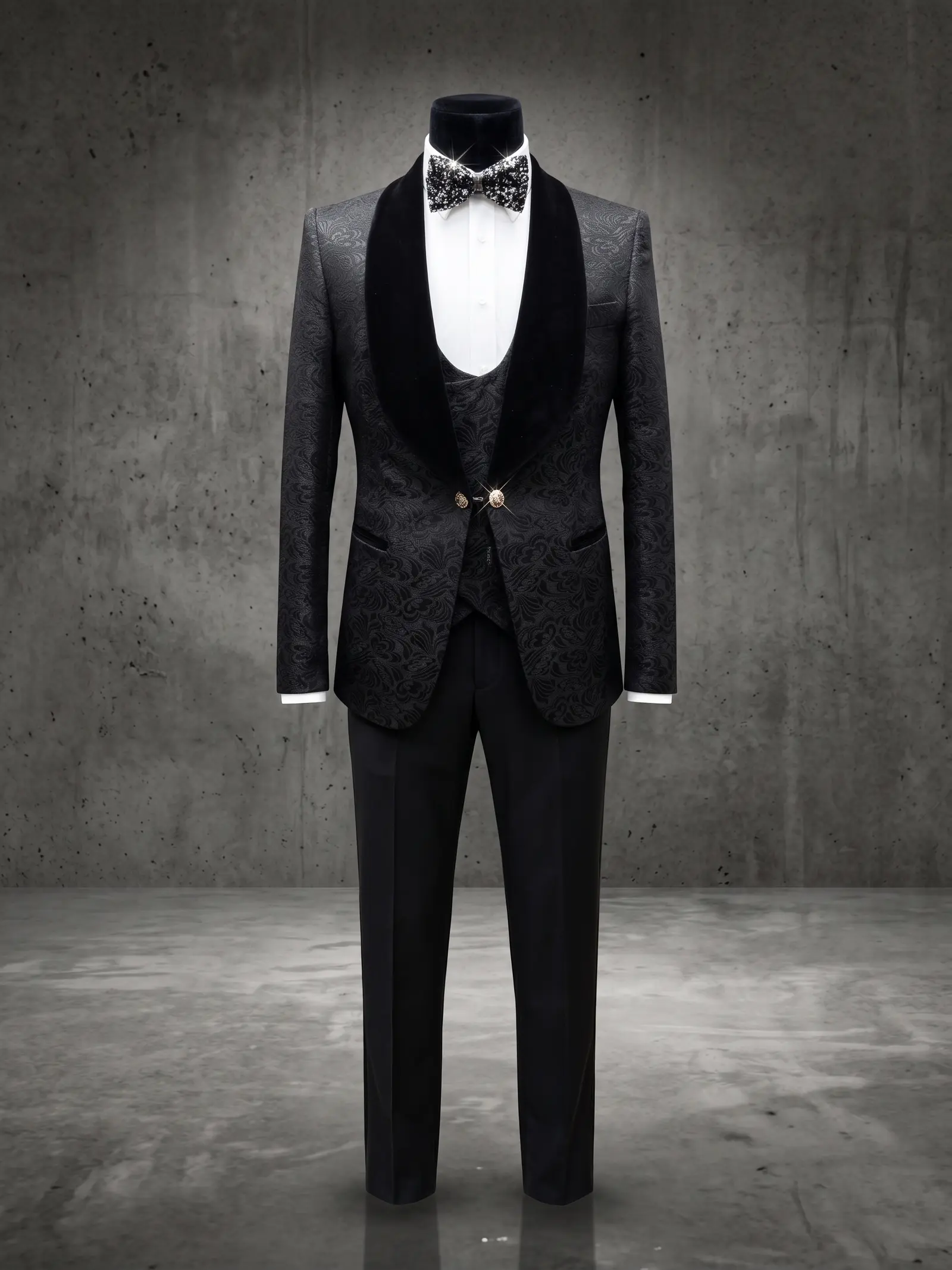 Black tonal jacquard Cadogan three piece tuxedo