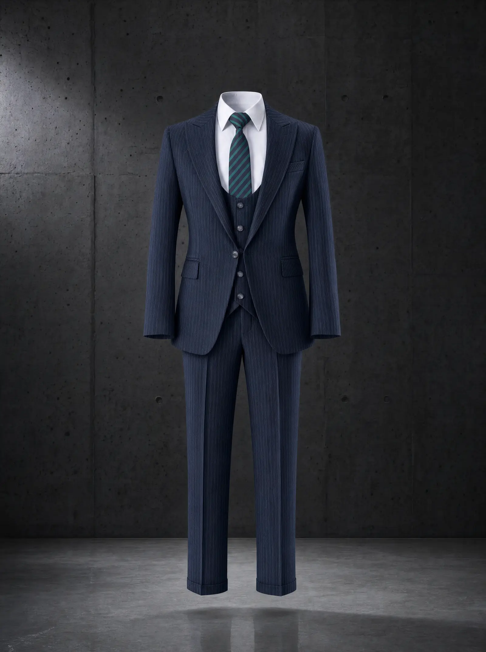 Deep green pinstripe Sterling three piece suit, ghost