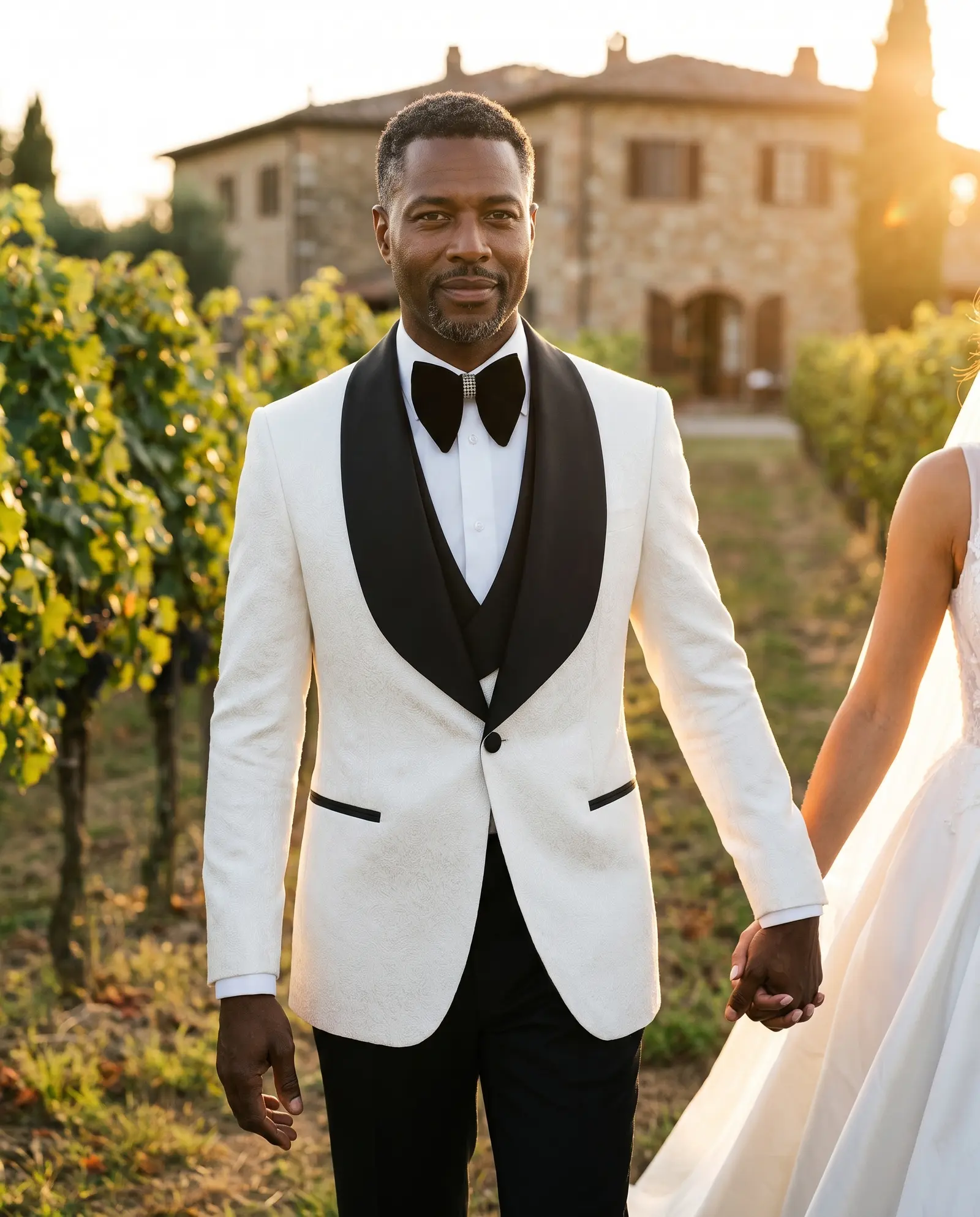Ivory jacquard Bellagio three piece tuxedo occasion photograph