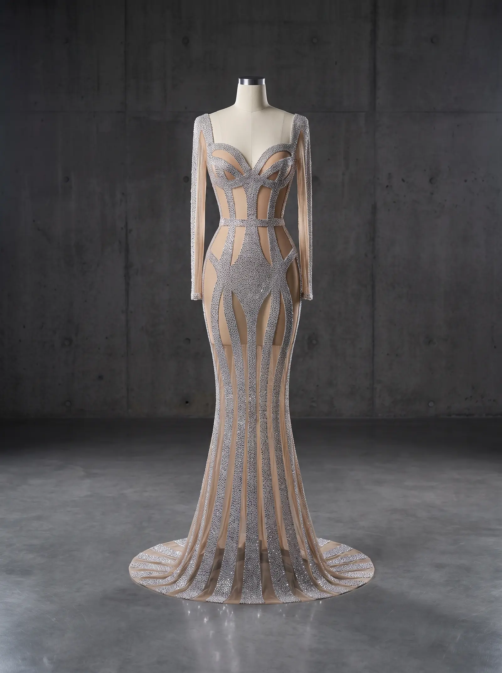 Silver stone Lattice mermaid gown, mannequin