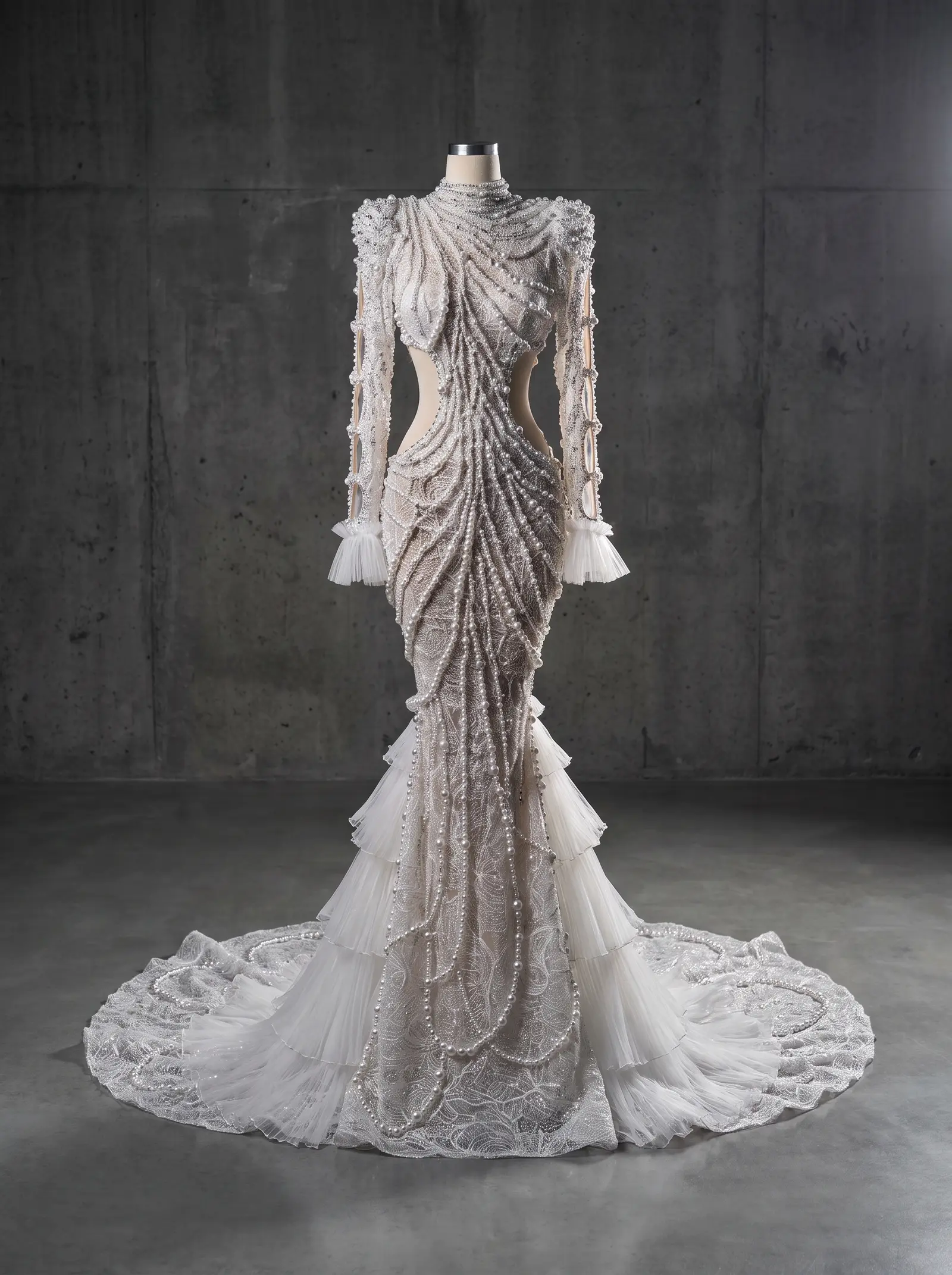Ivory pearl Coronation mermaid gown, mannequin