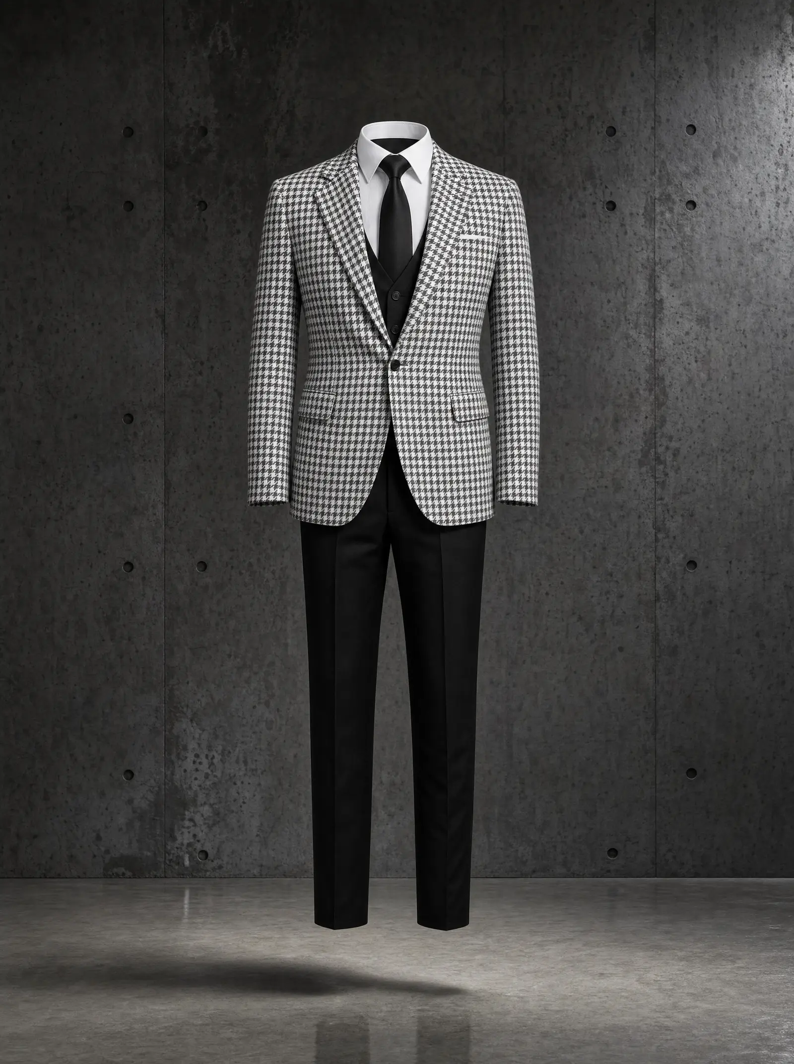 White and black houndstooth Levi three piece suit, ghost
