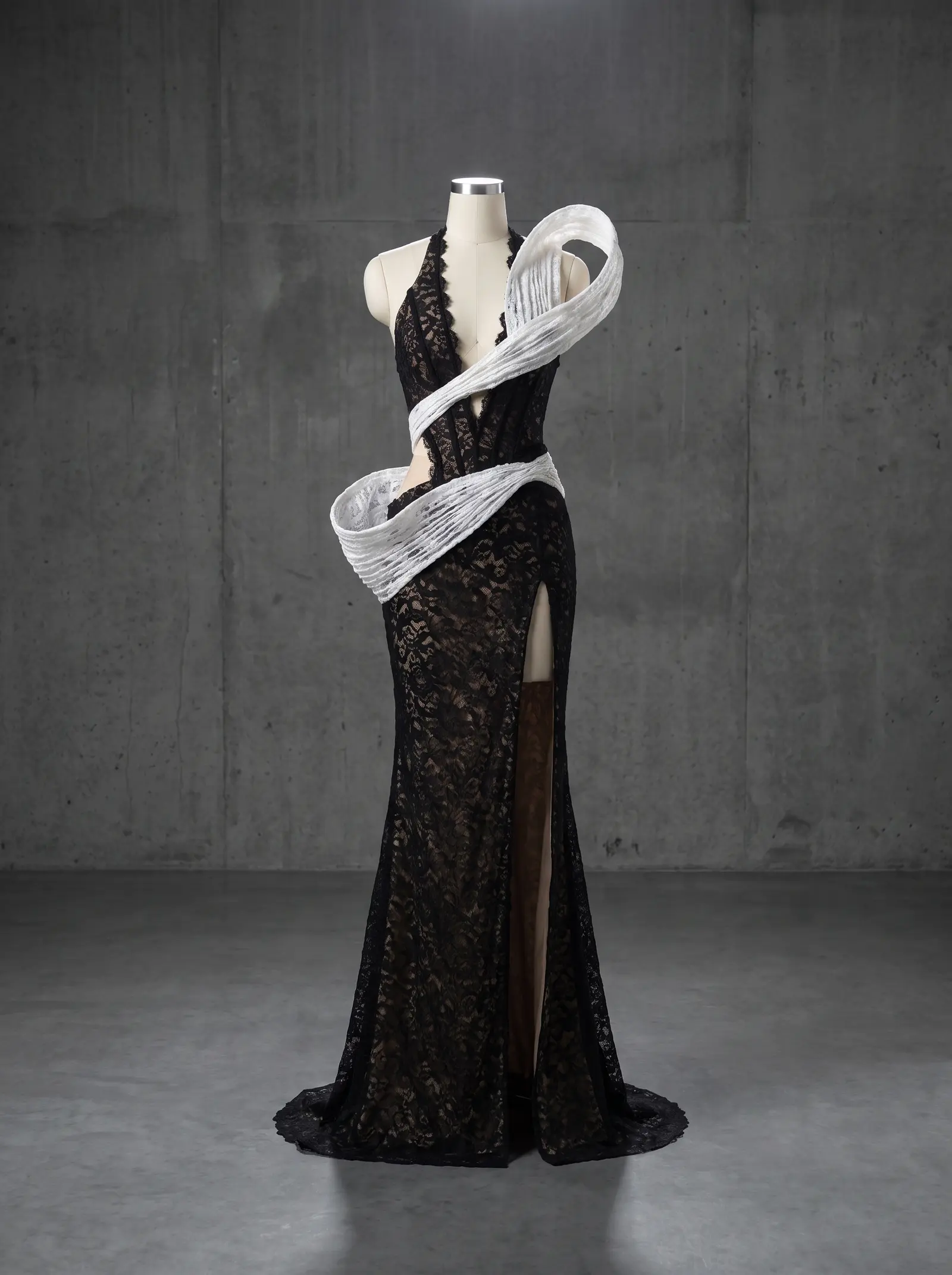 Black and white Orbit lace gown, mannequin