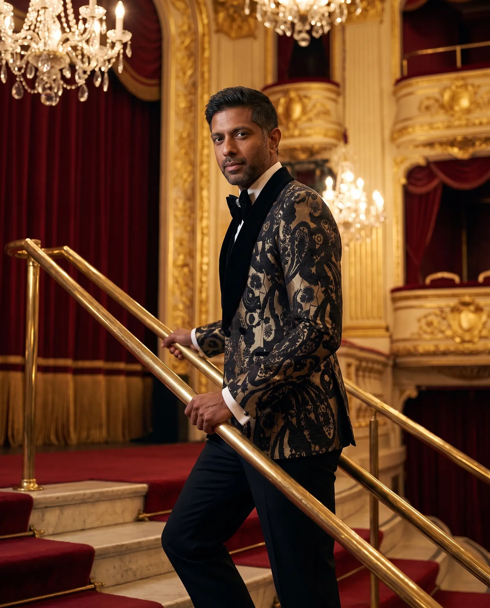 Black and gold paisley jacquard Medici three piece tuxedo occasion photograph
