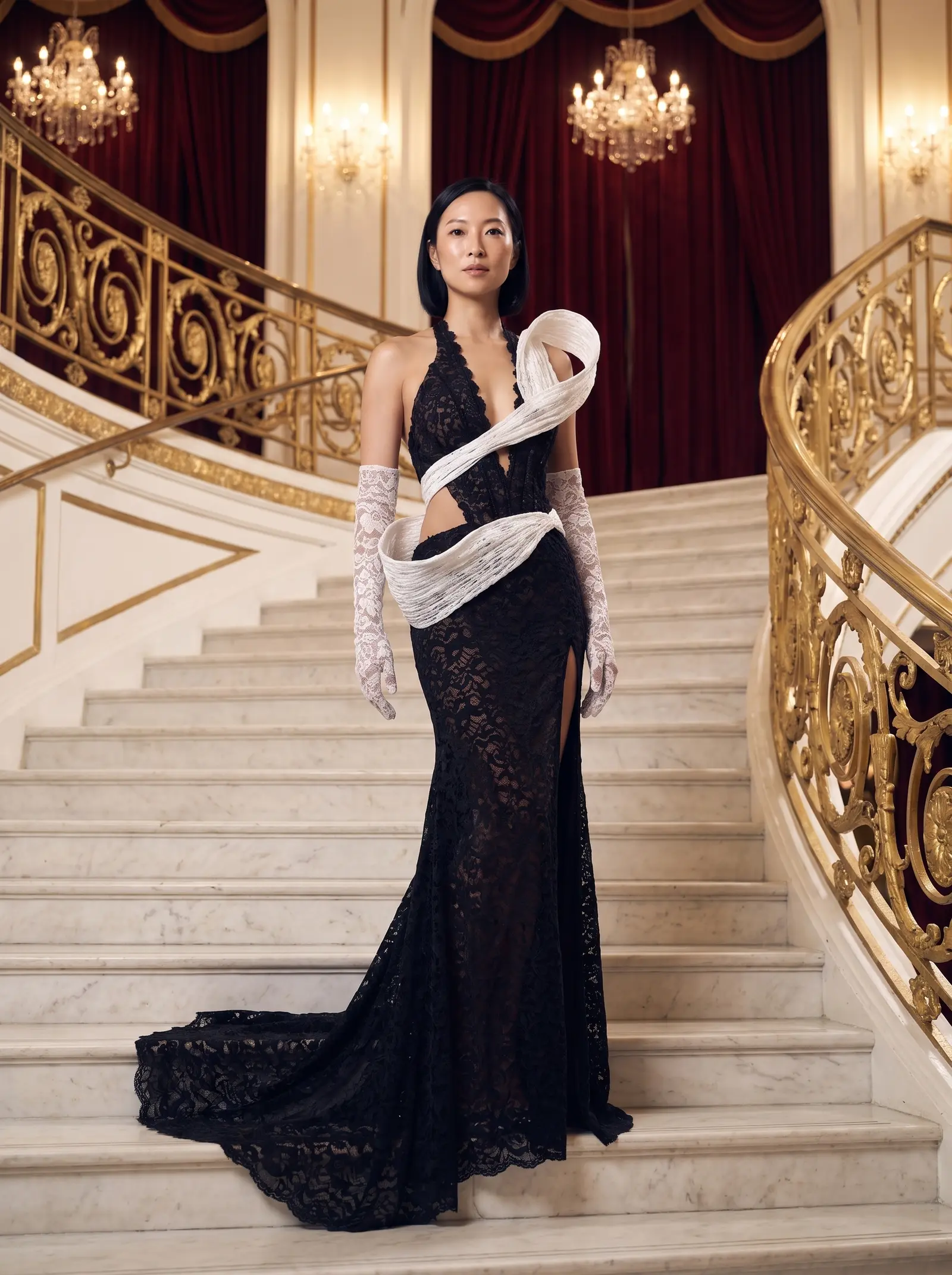 Black and white Orbit lace gown occasion photograph