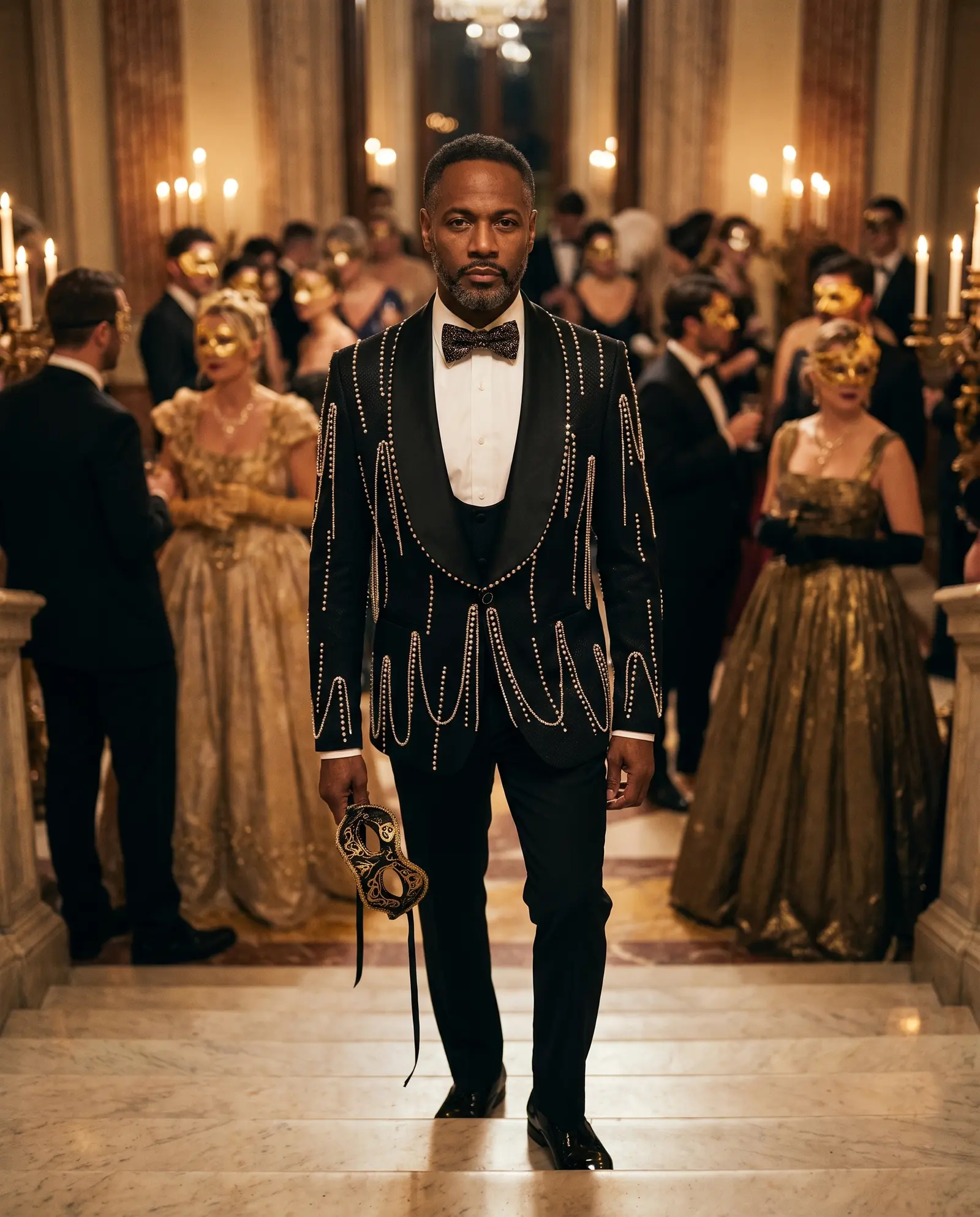 Black and pearl Chandelier tuxedo