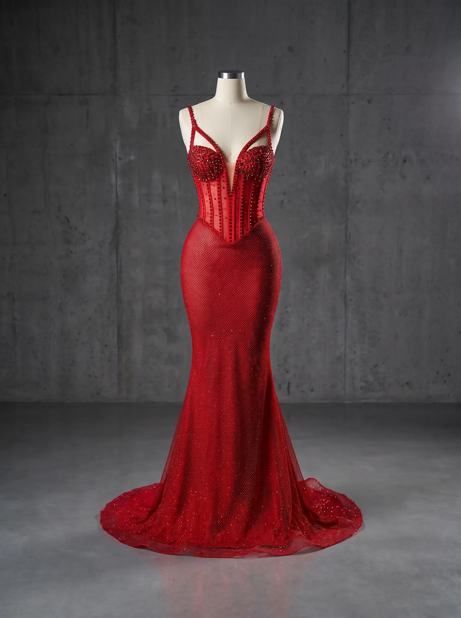 Scarlet Allure mermaid gown, mannequin