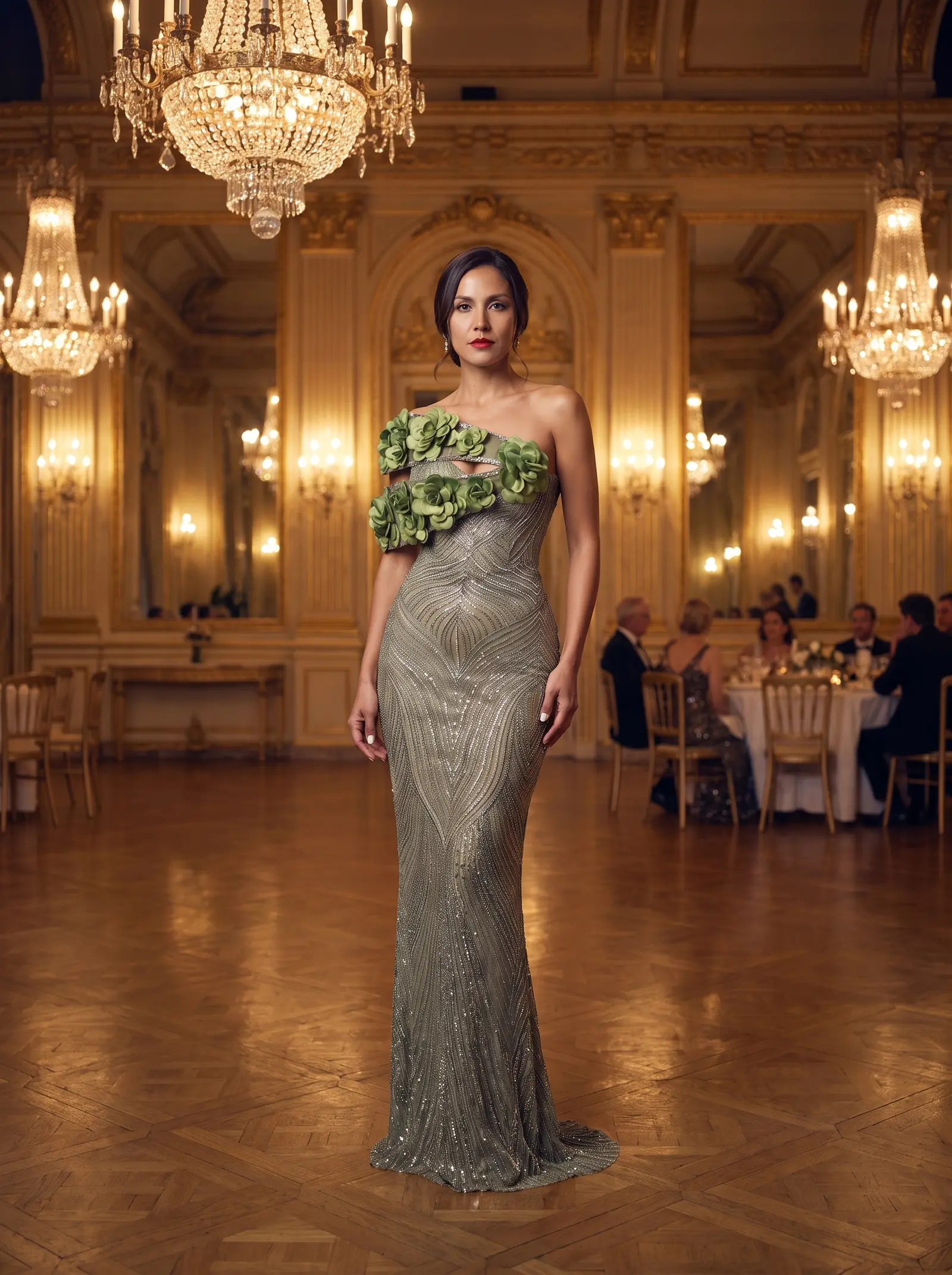 Sage and silver Trellis column gown occasion photograph