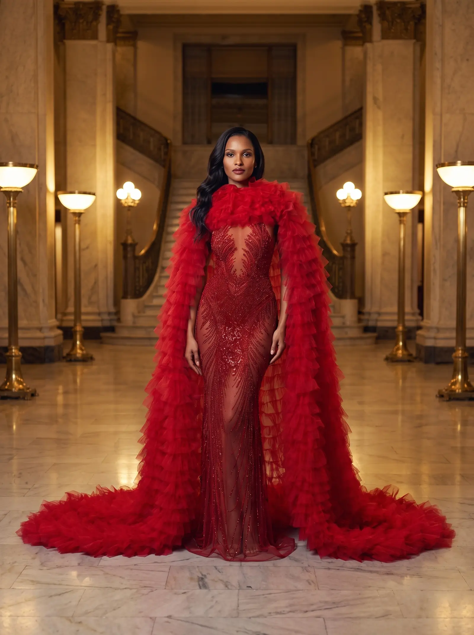 Deep red Ember gown and cape occasion photograph