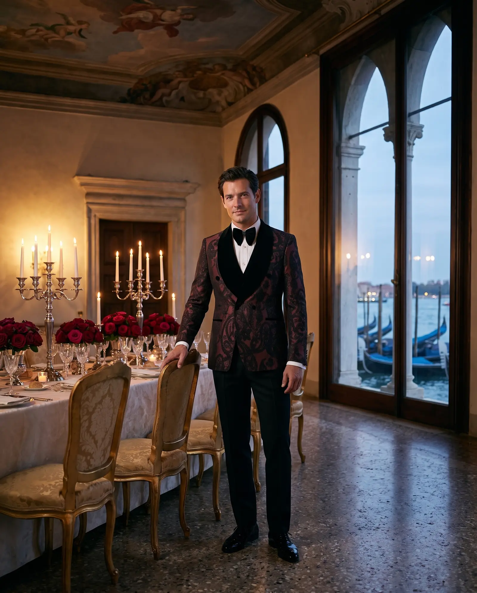 Wine paisley jacquard Medici three piece tuxedo occasion photograph