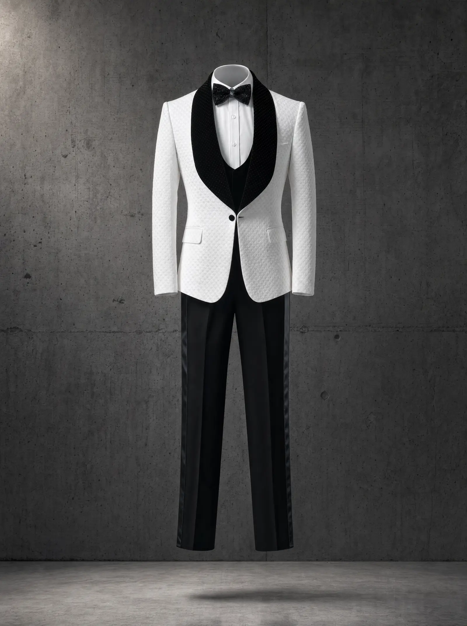 White quilted Genoa three piece tuxedo