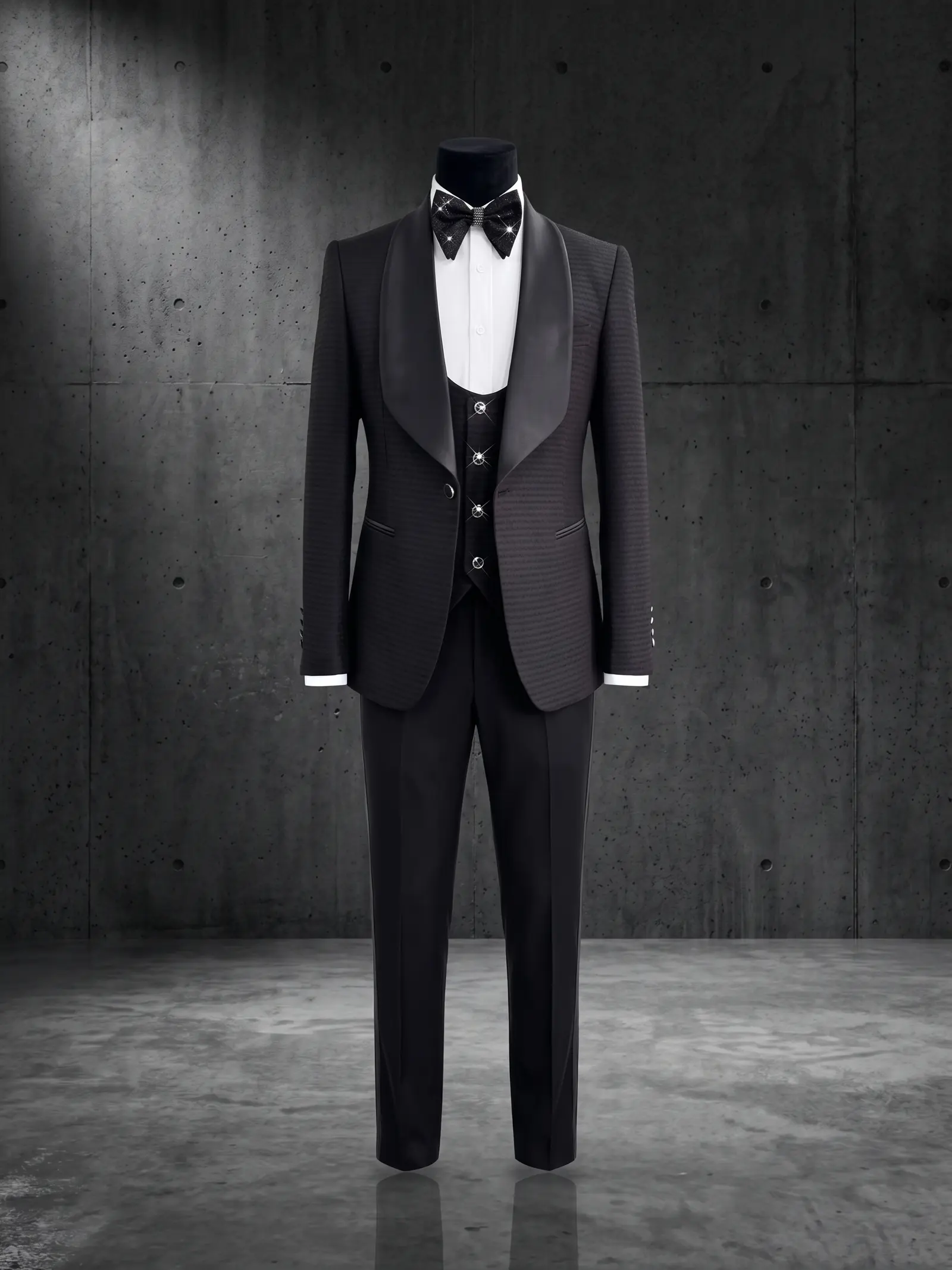 Black quilted Mayfair three piece tuxedo, ghost