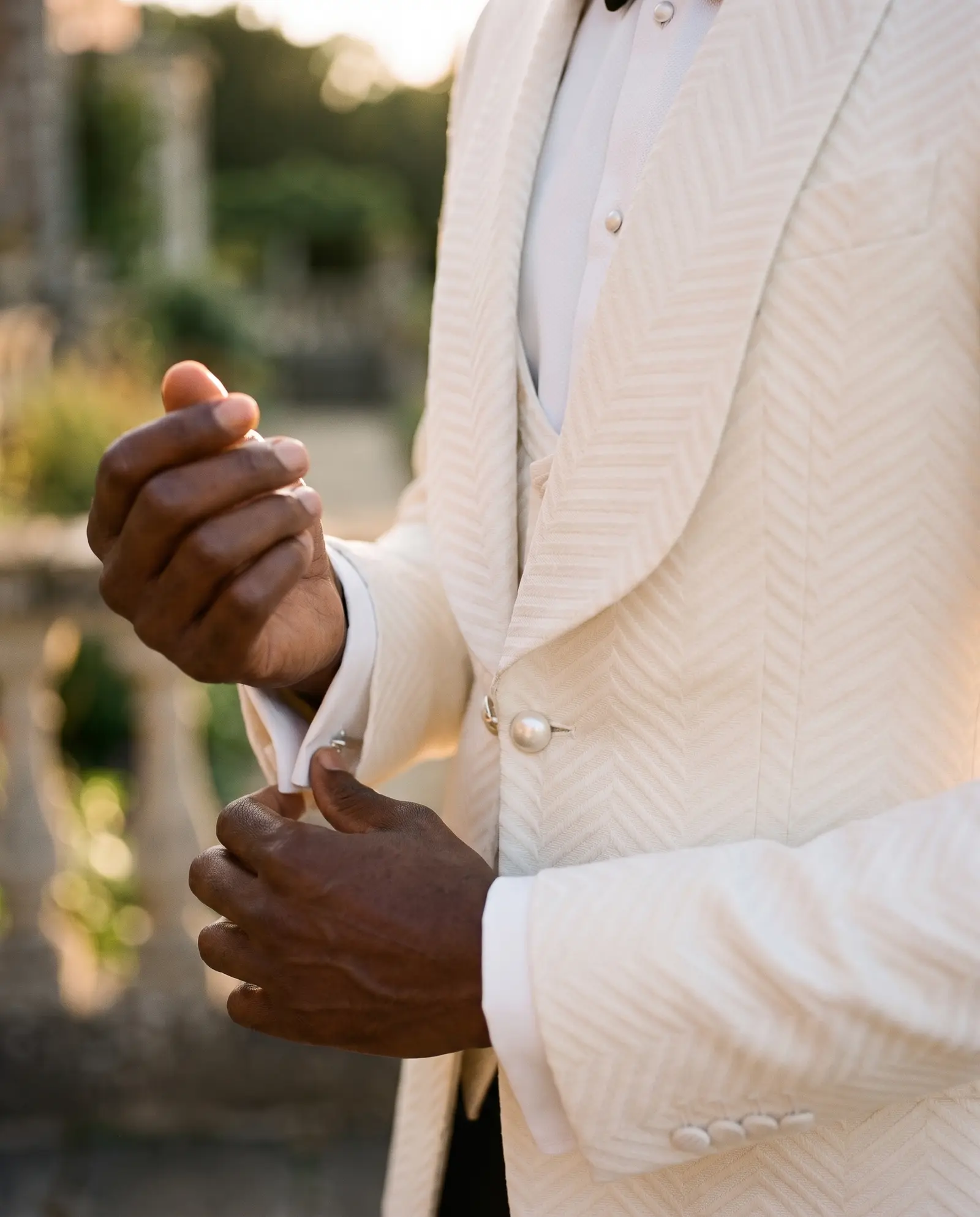 White chevron Stresa three piece tuxedo occasion photograph
