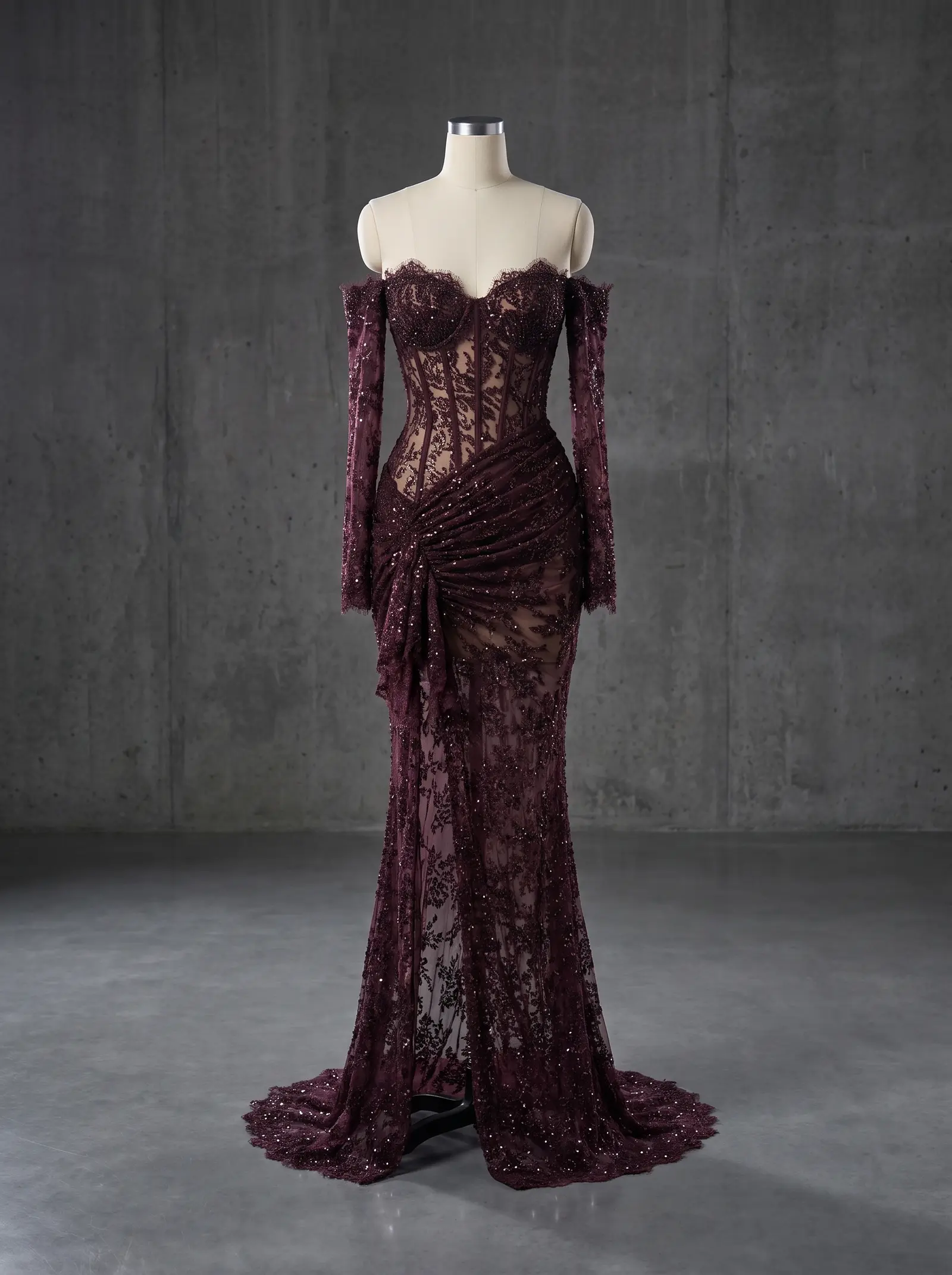 Plum Nocturne gown, mannequin