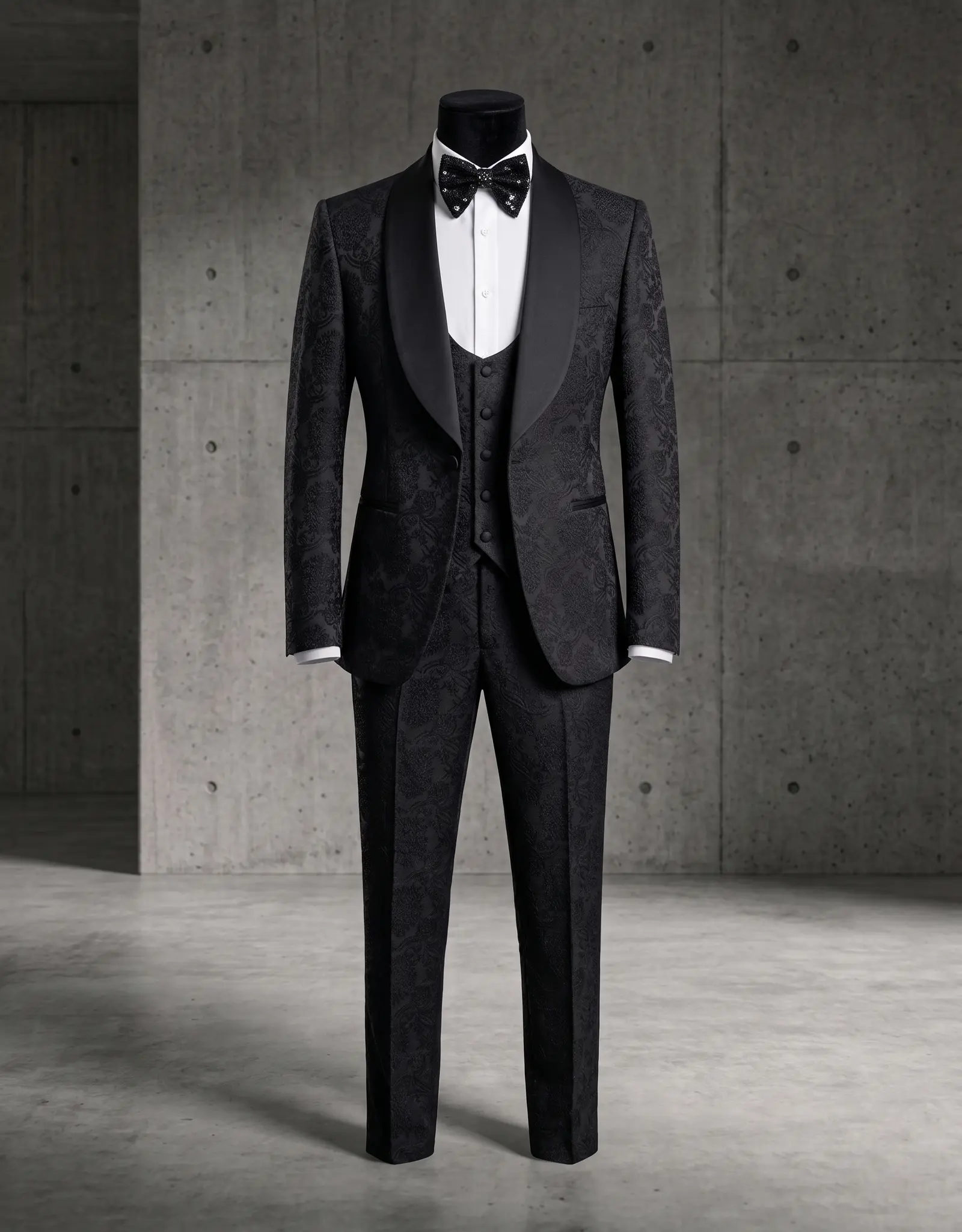 Black paisley jacquard Belgravia three piece tuxedo