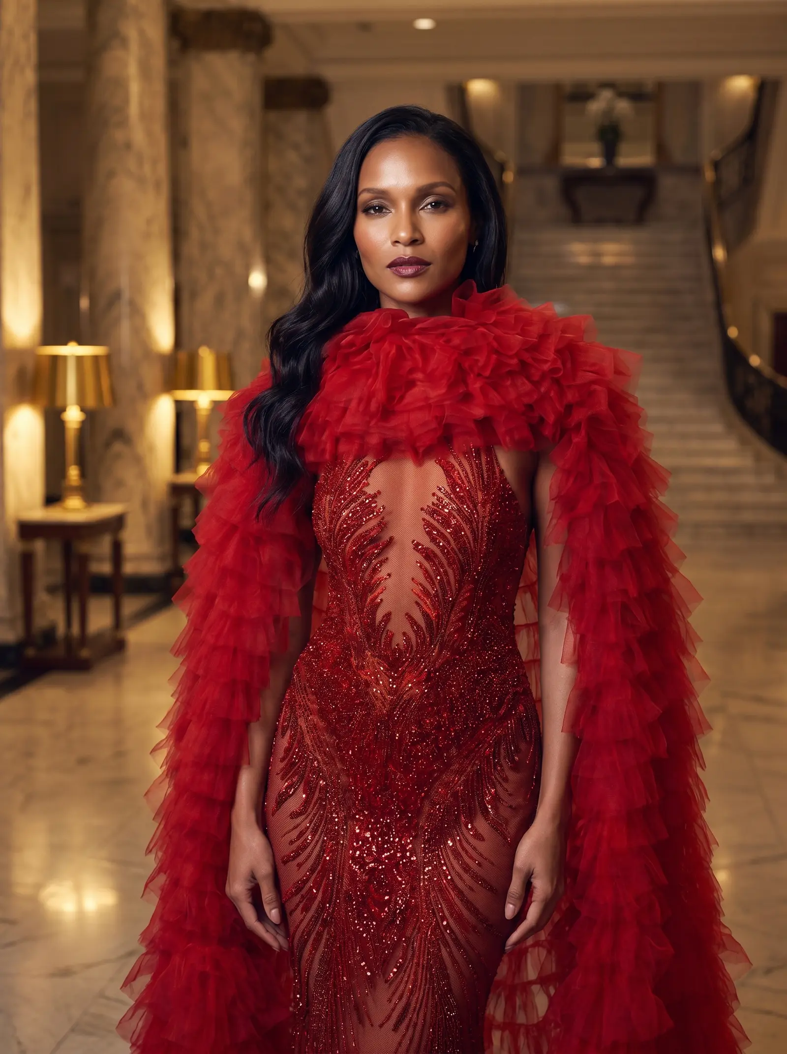 Deep red Ember gown and cape occasion photograph
