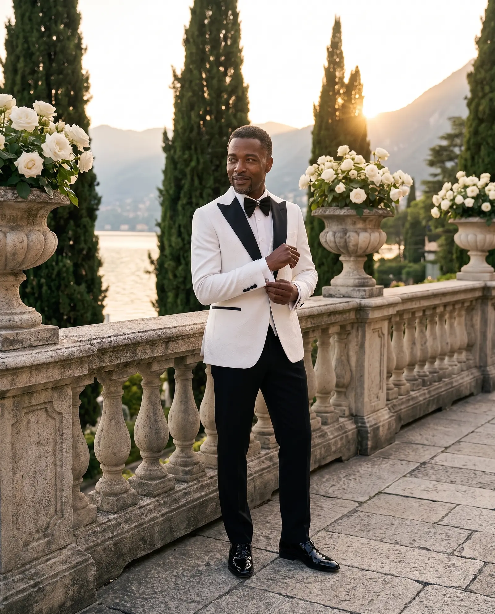 White jacquard Portofino three piece tuxedo occasion photograph