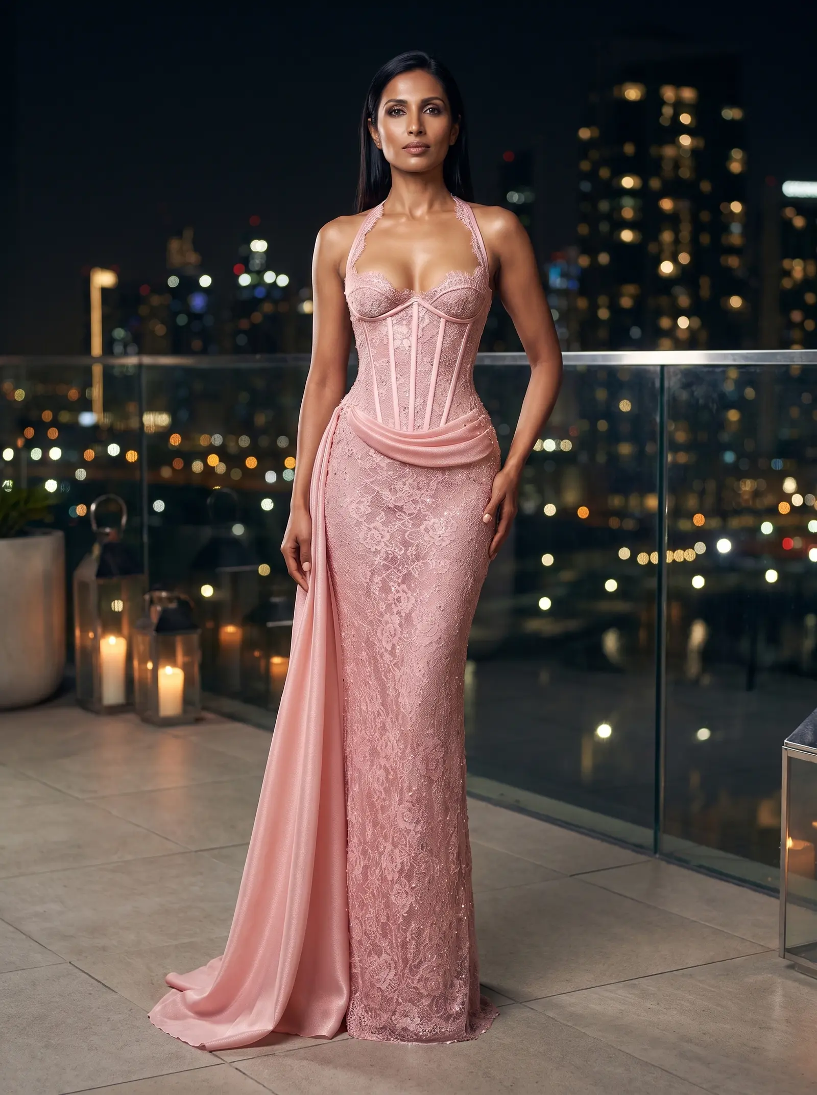 Blush lace Ribbon column gown occasion photograph